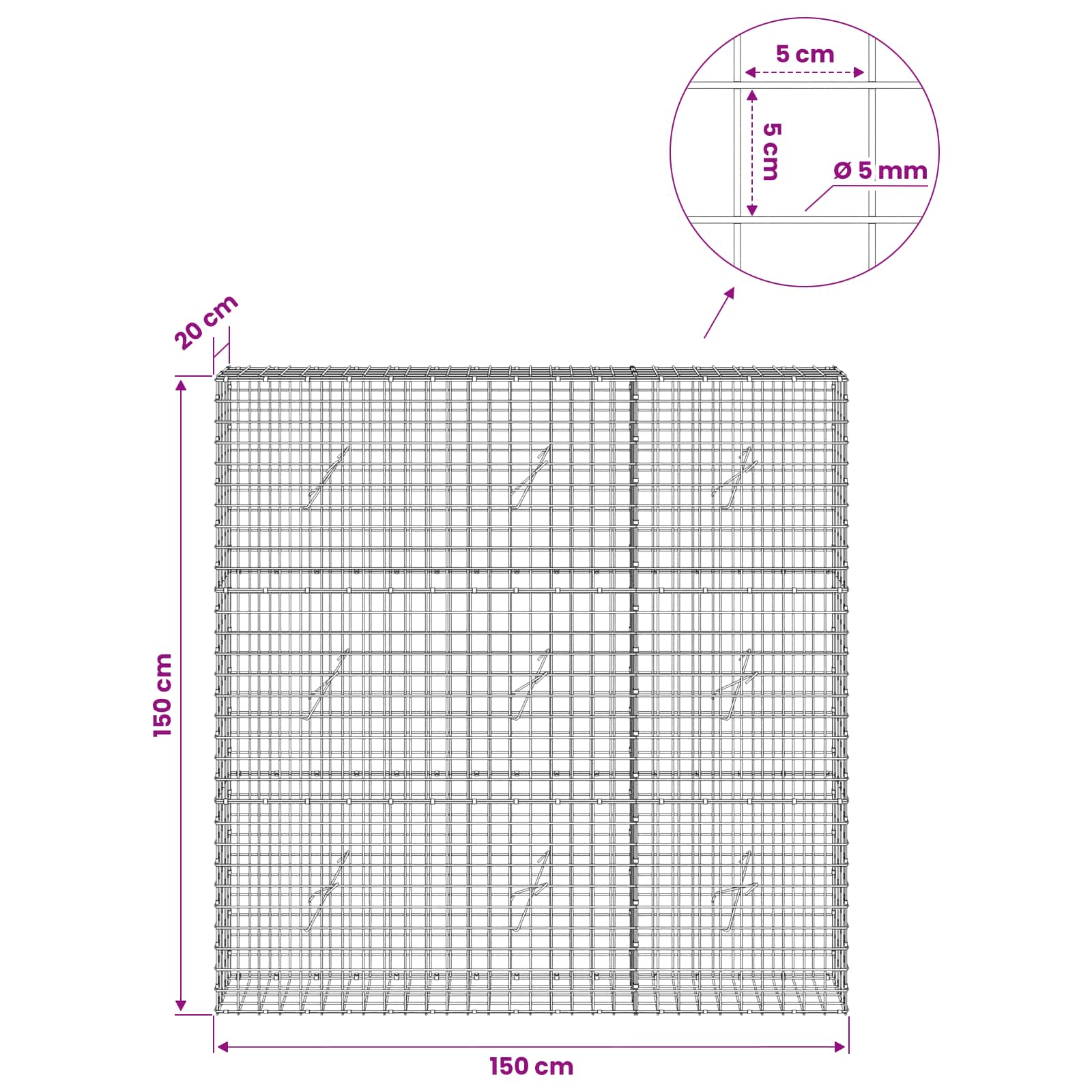 Gabion z žico 5 mm in mrežo 5x5 cm 150x20x150 cm