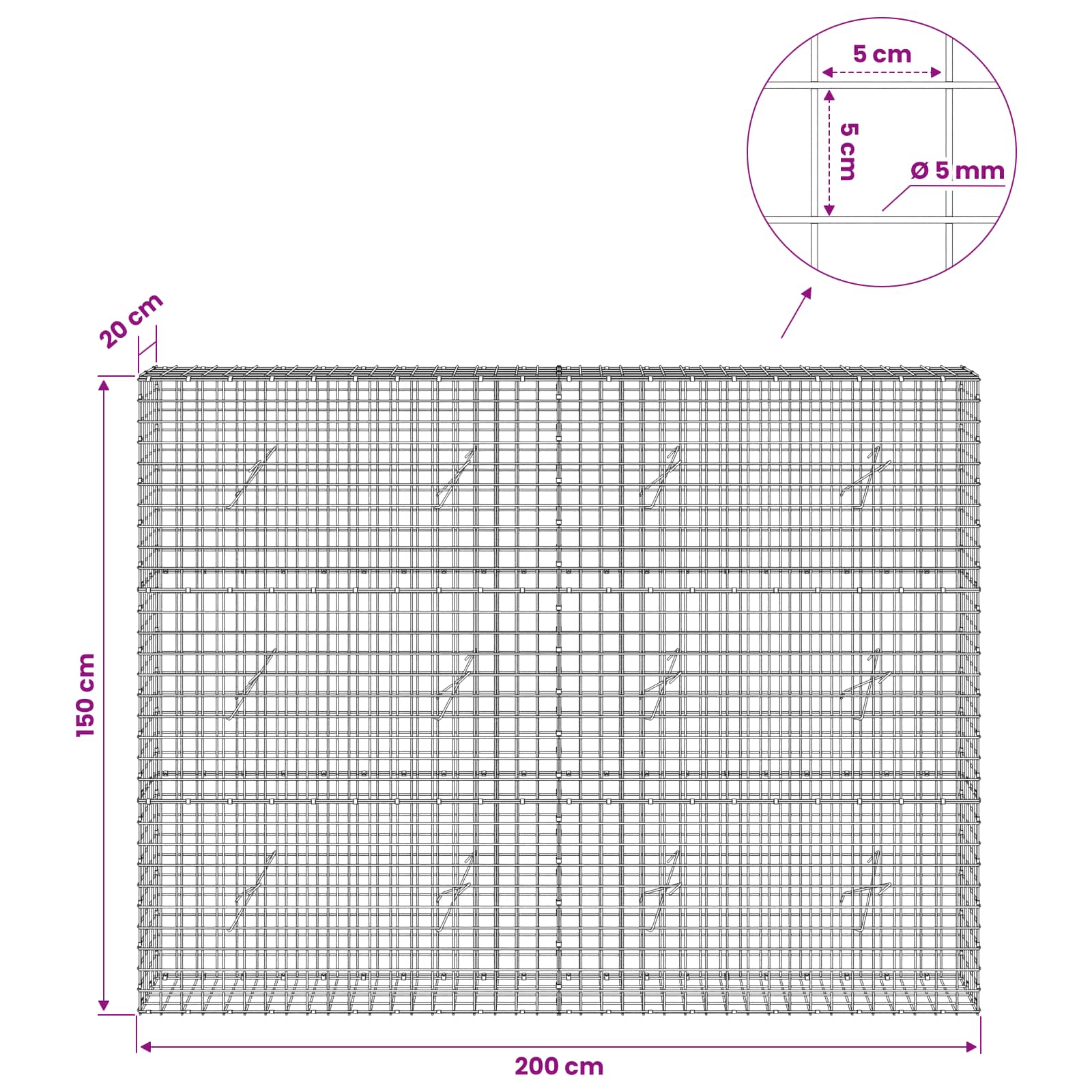 Gabion z žico 5 mm in mrežo 5x5 cm 200x20x150 cm