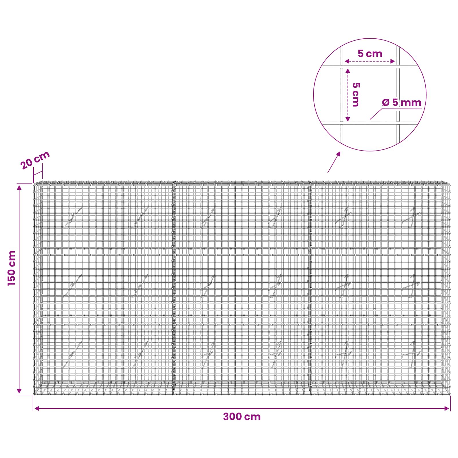 Gabion z žico 5 mm in mrežo 5x5 cm 300x20x150 cm