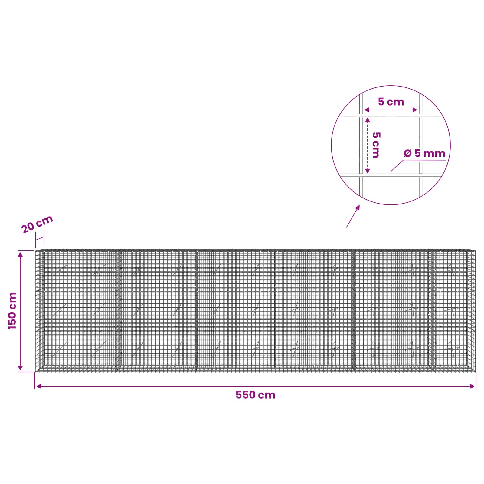 Gabion z žico 5 mm in mrežo 5x5 cm 550x20x150 cm