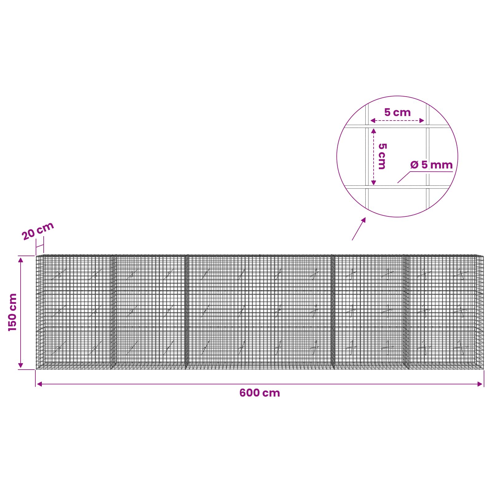 Gabion z žico 5 mm in mrežo 5x5 cm 600x20x150 cm