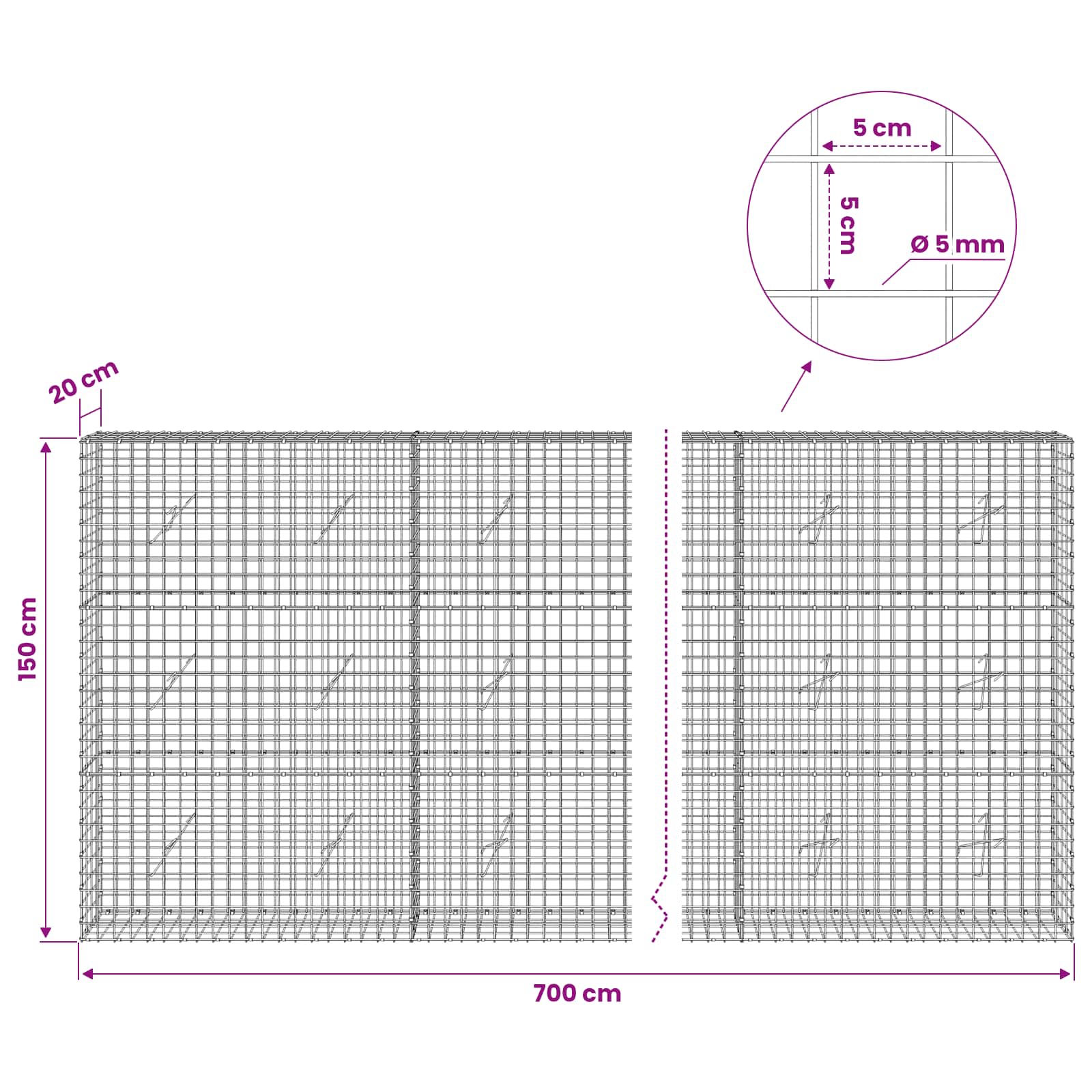 Gabion z žico 5 mm in mrežo 5x5 cm 700x20x150 cm