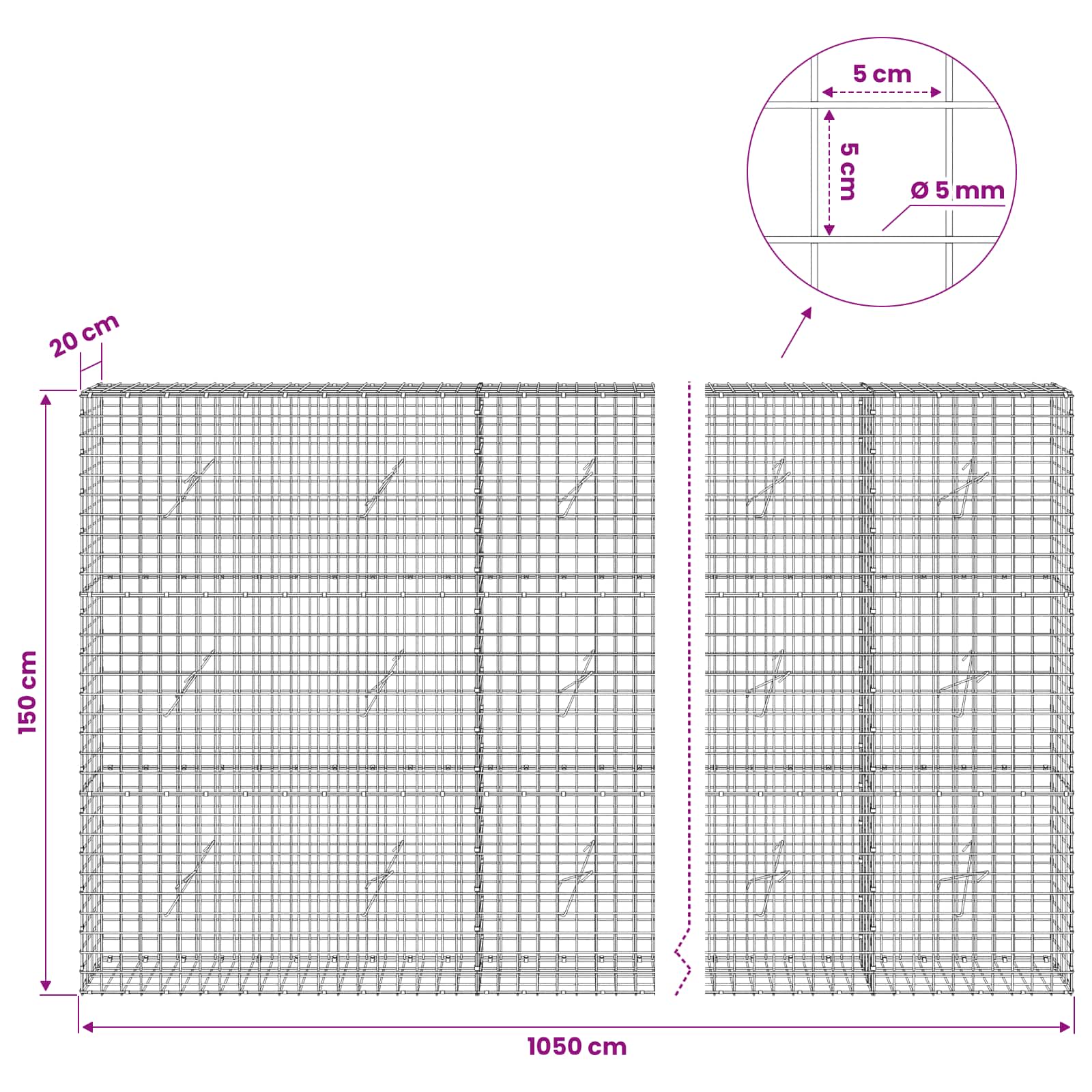 Gabion z žico 5 mm in mrežo 5x5 cm 1050x20x150 cm