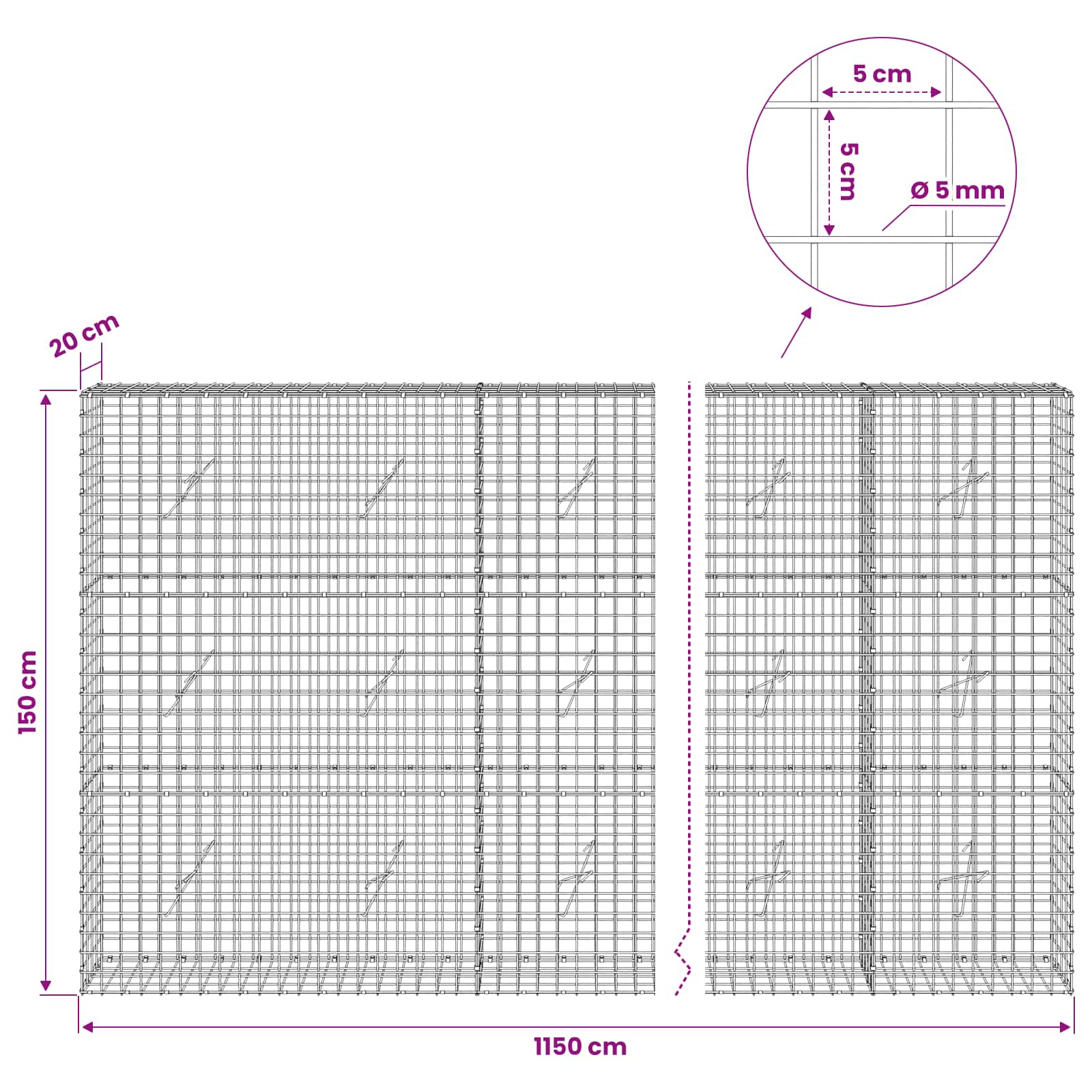 Gabion z žico 5 mm in mrežo 5x5 cm 1150x20x150 cm