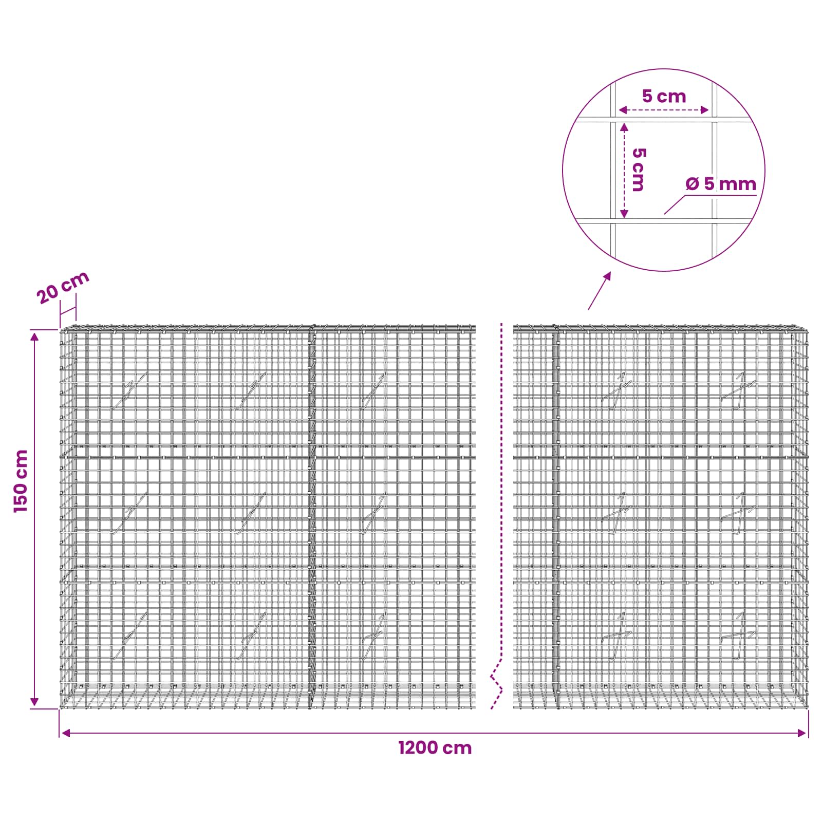 Gabion z žico 5 mm in mrežo 5x5 cm 1200x20x150 cm