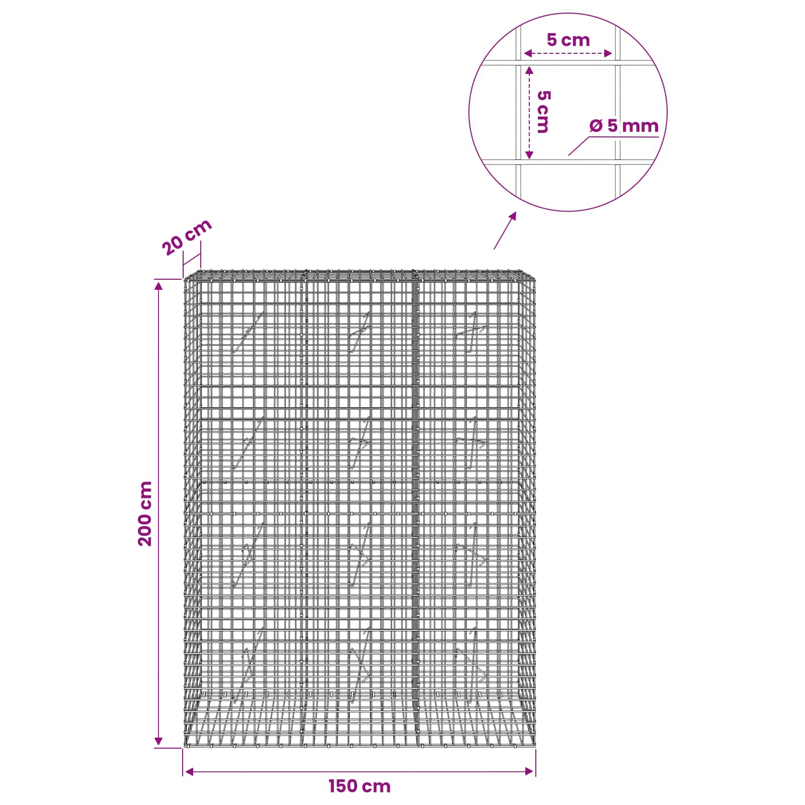 Gabion z žico 5 mm in mrežo 5x5 cm 150x20x200 cm