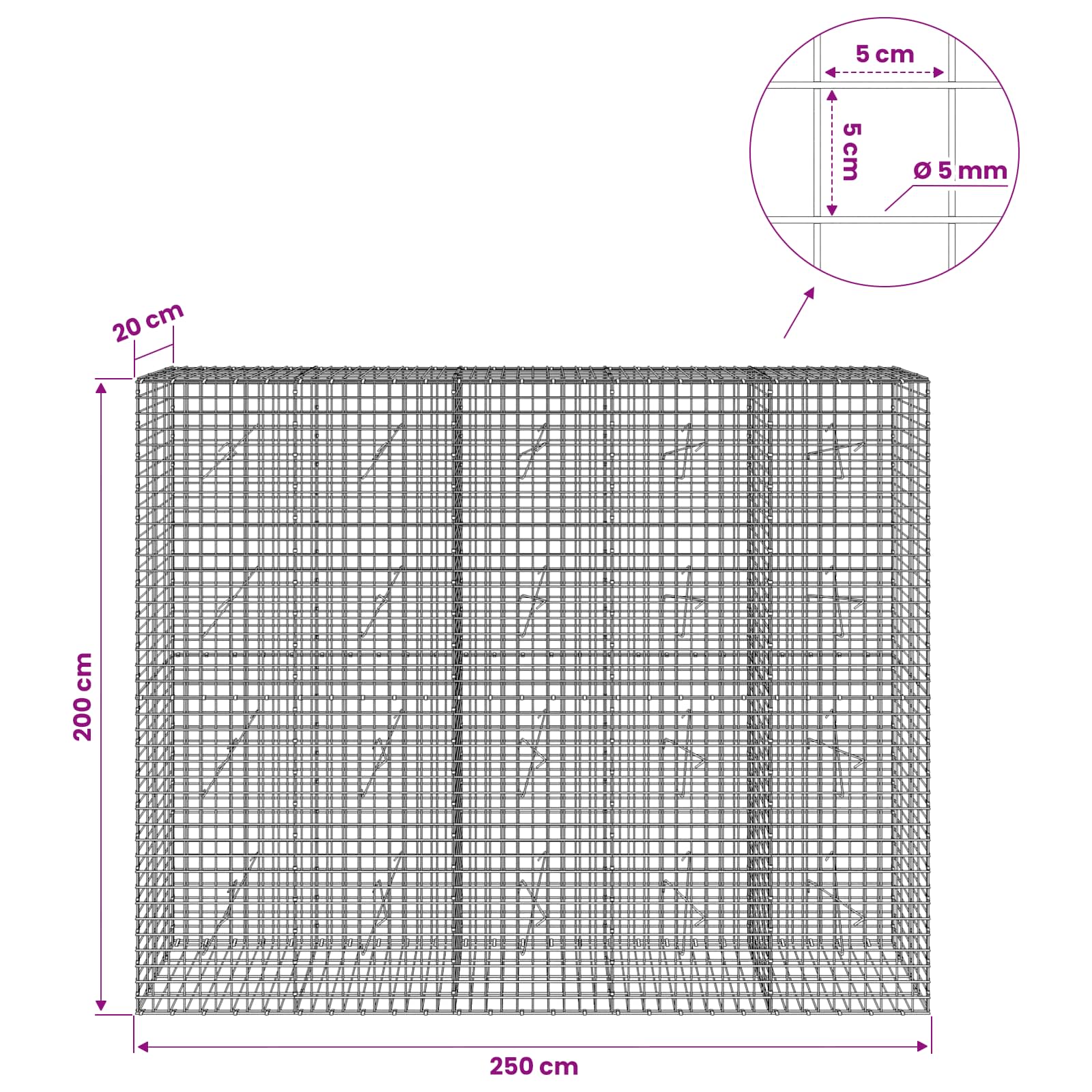 Gabion z žico 5 mm in mrežo 5x5 cm 250x20x200 cm
