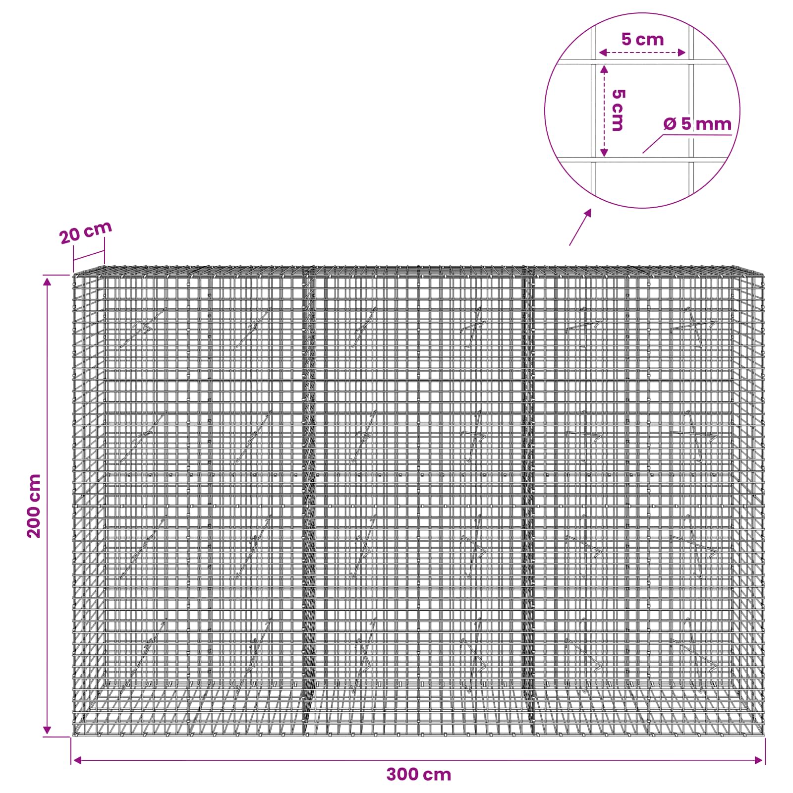 Gabion z žico 5 mm in mrežo 5x5 cm 300x20x200 cm