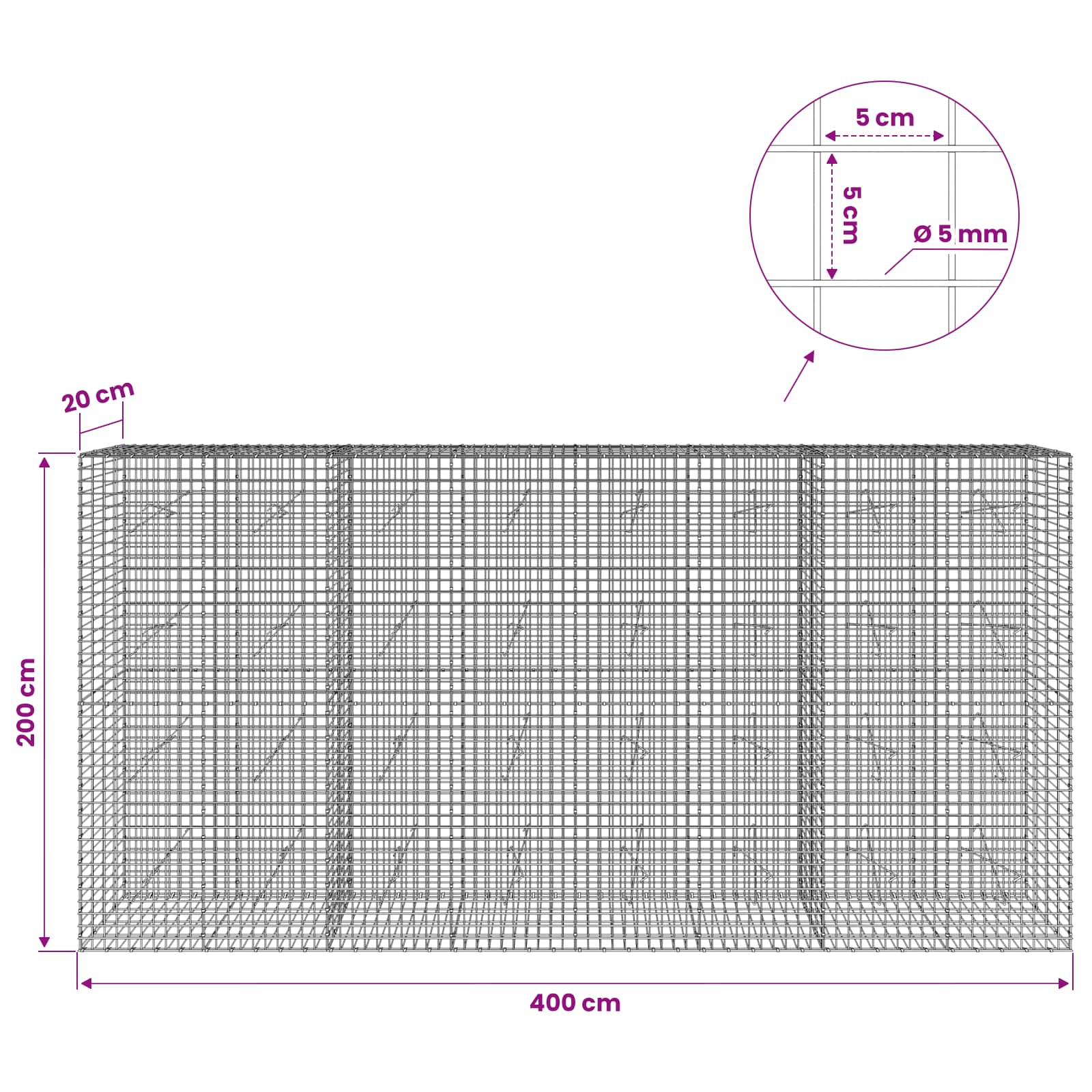 Gabion z žico 5 mm in mrežo 5x5 cm 400x20x200 cm