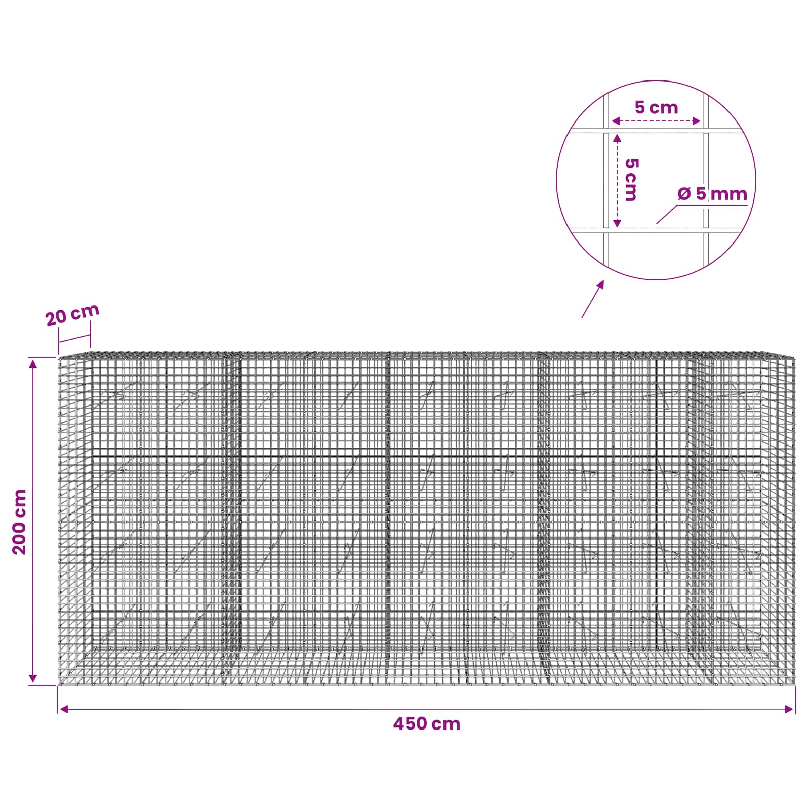 Gabion z žico 5 mm in mrežo 5x5 cm 450x20x200 cm