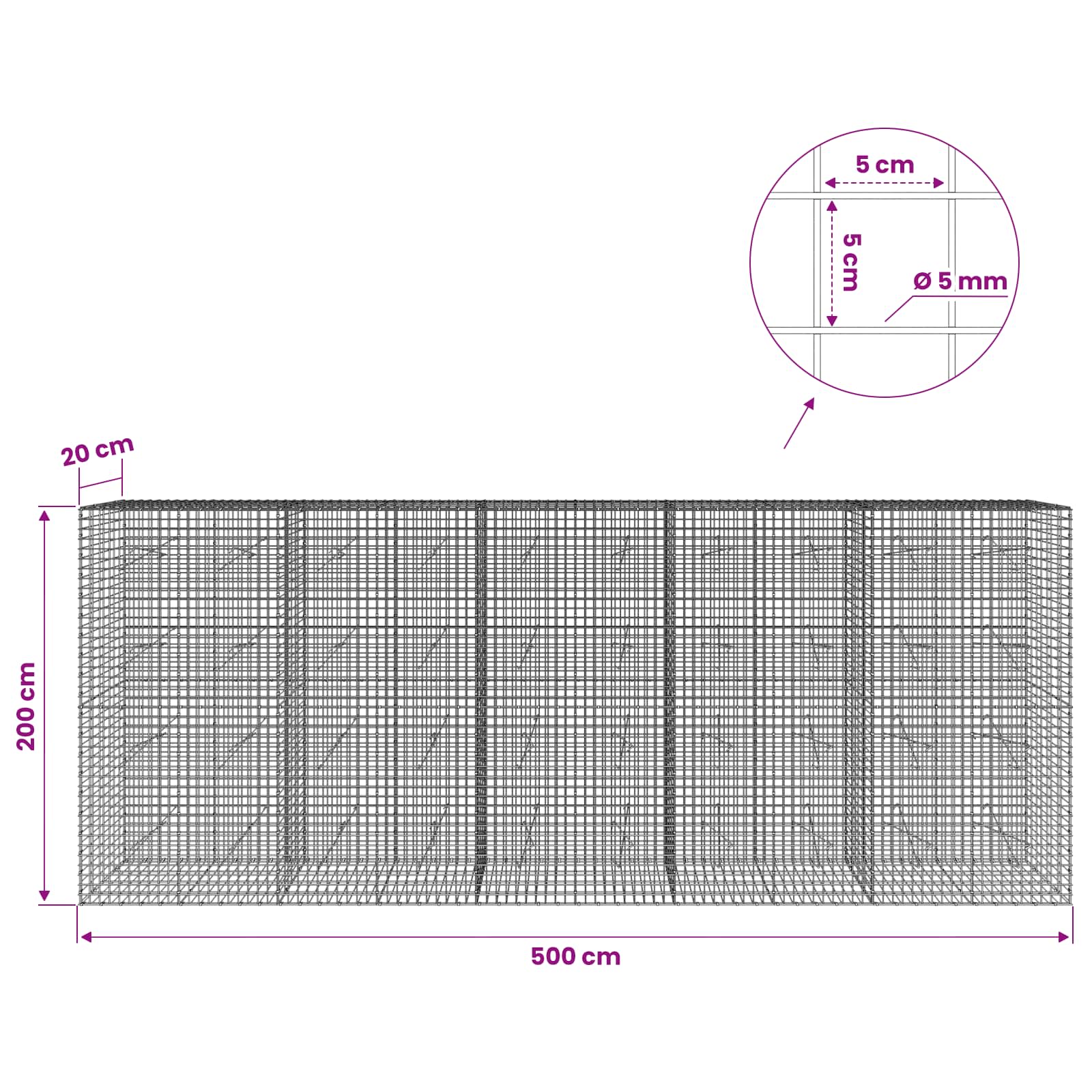 Gabion z žico 5 mm in mrežo 5x5 cm 500x20x200 cm