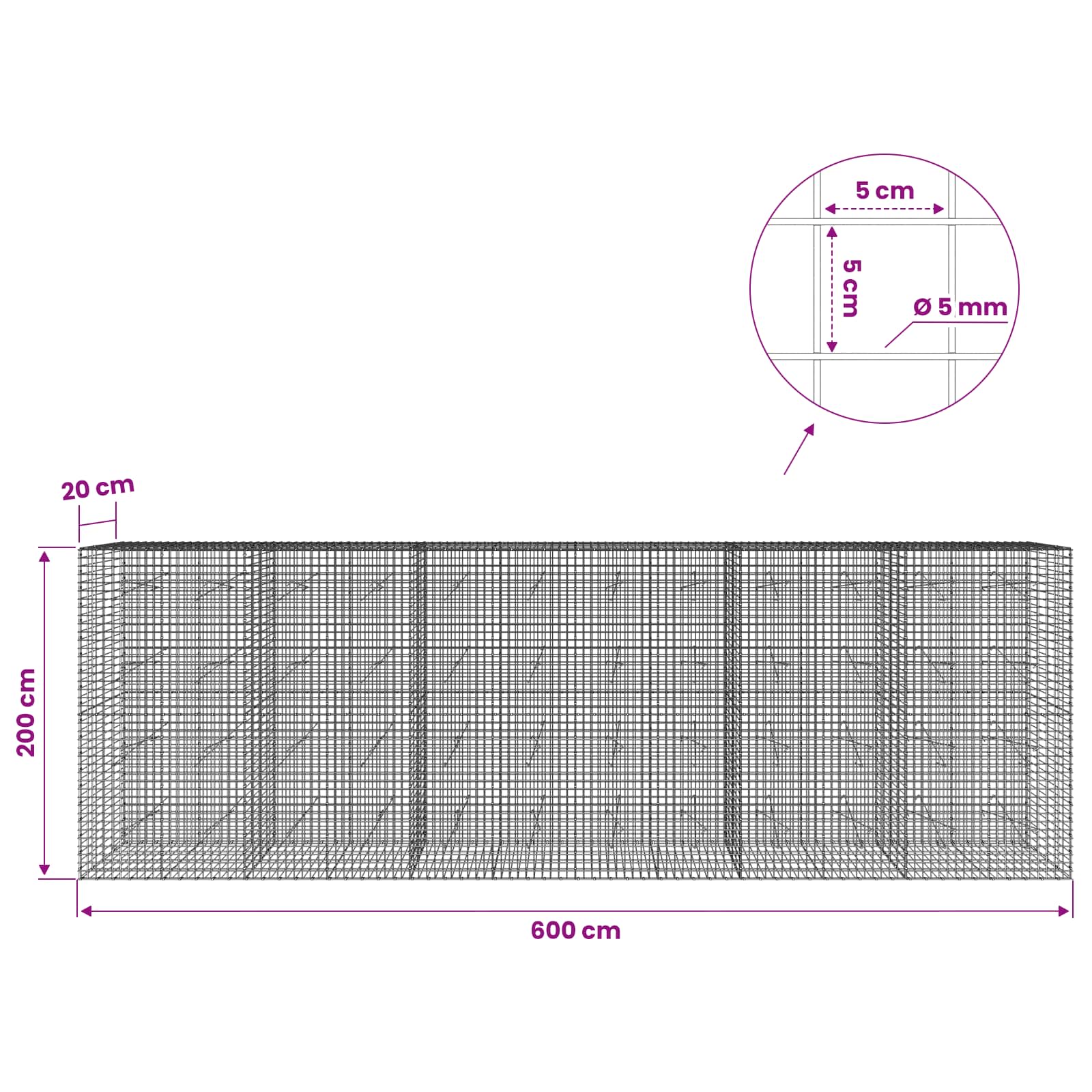 Gabion z žico 5 mm in mrežo 5x5 cm 600x20x200 cm