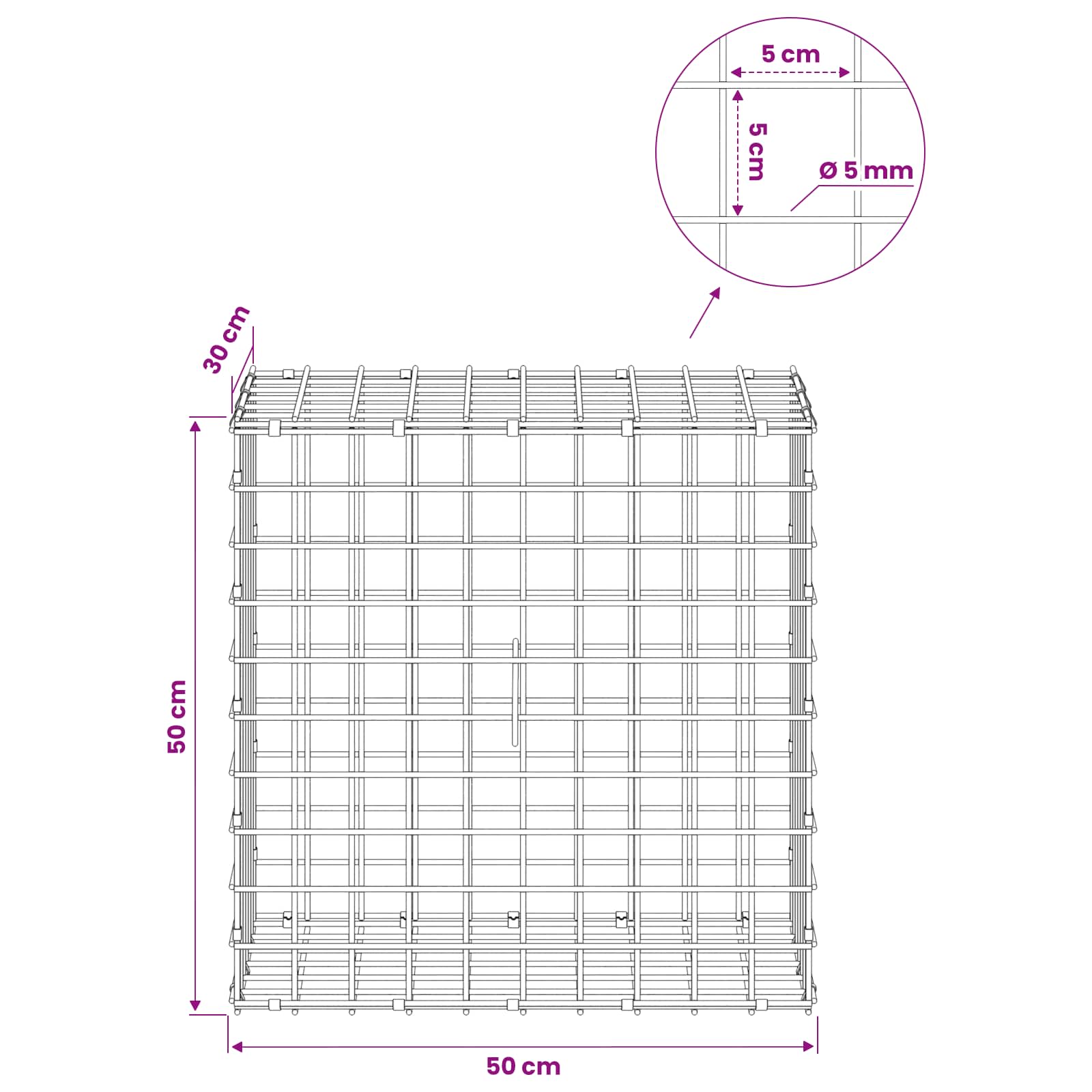 Gabion z žico 5 mm in mrežo 5x5 cm 50x30x50 cm Pocinkano jeklo