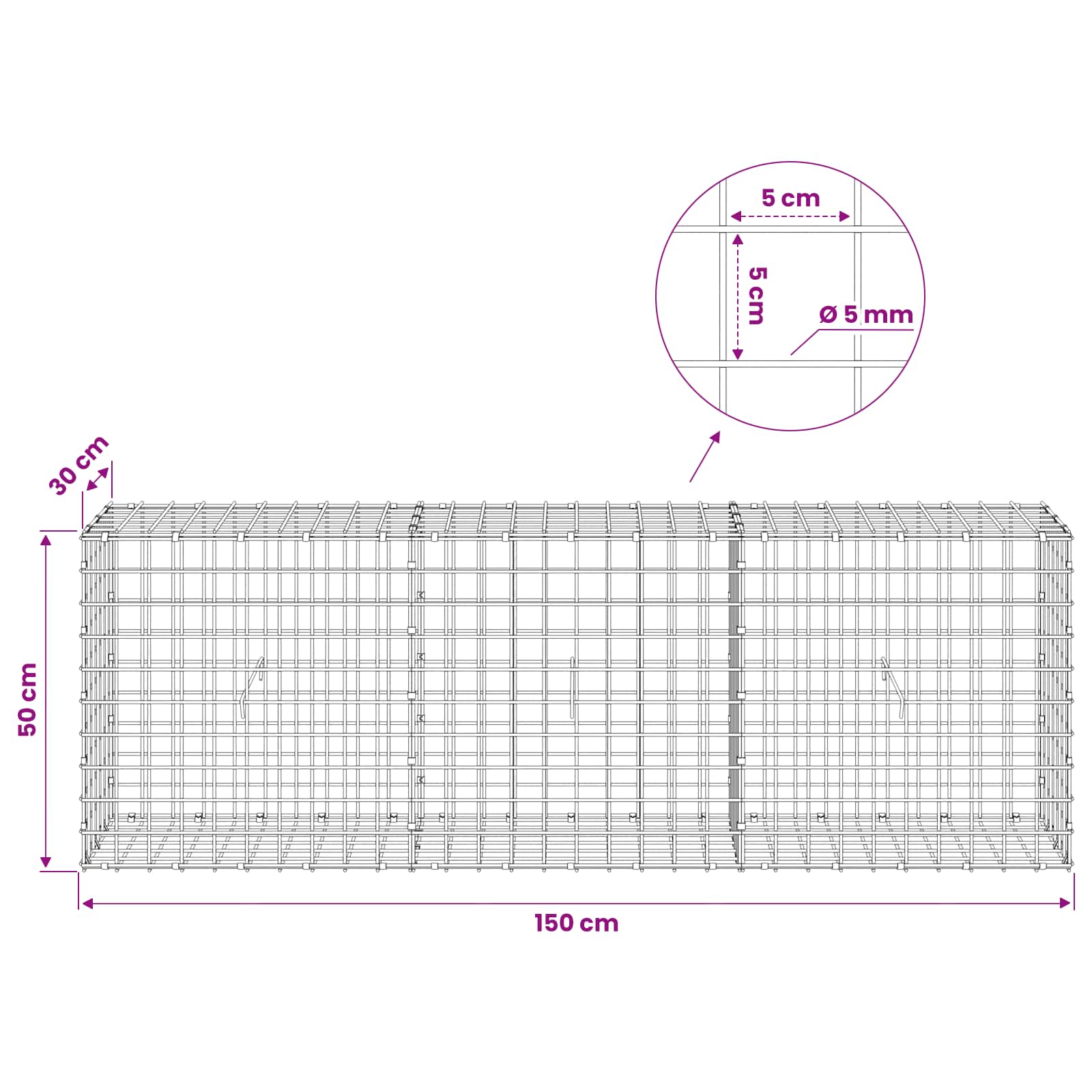 Gabion z žico 5 mm in mrežo 5x5 cm 150x30x50 cm Pocinkano jeklo