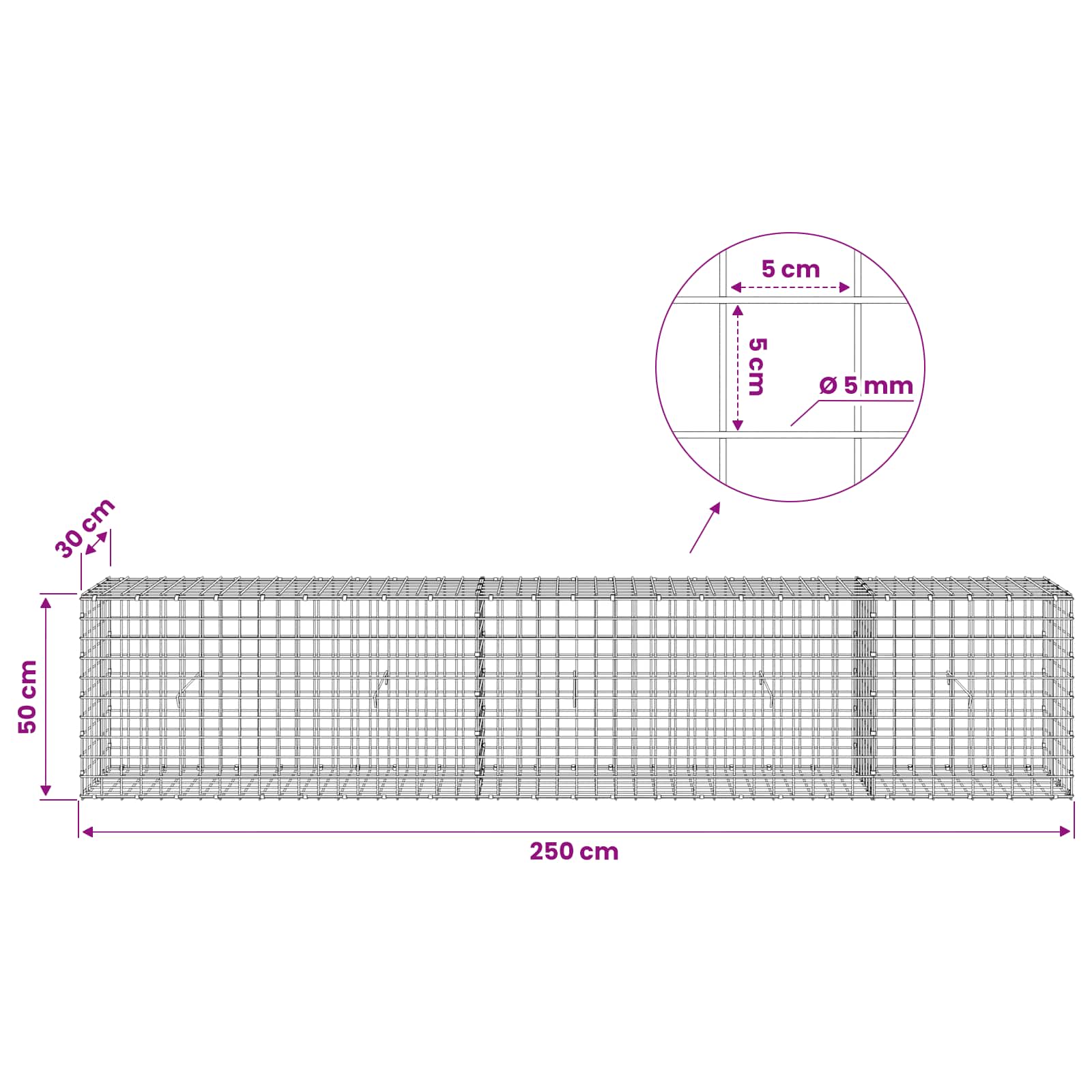 Gabion z žico 5 mm in mrežo 5x5 cm 250x30x50 cm Pocinkano jeklo