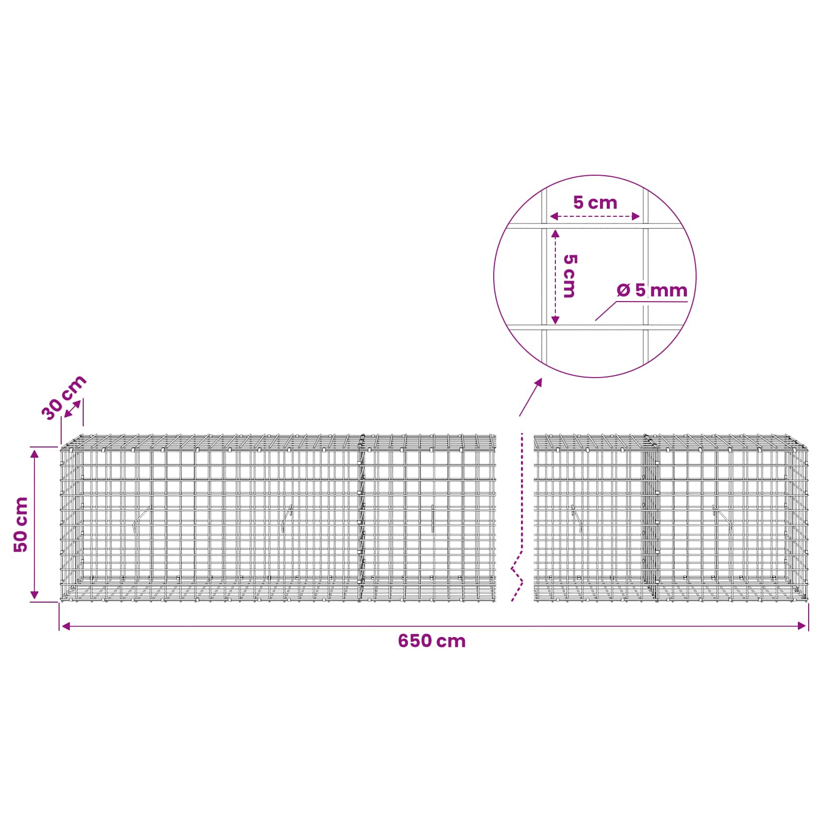 Gabion z žico 5 mm in mrežo 5x5 cm 650x30x50 cm Pocinkano jeklo