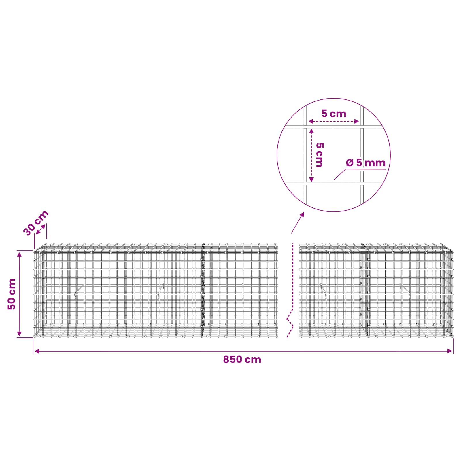 Gabion z žico 5 mm in mrežo 5x5 cm 850x30x50 cm Pocinkano jeklo