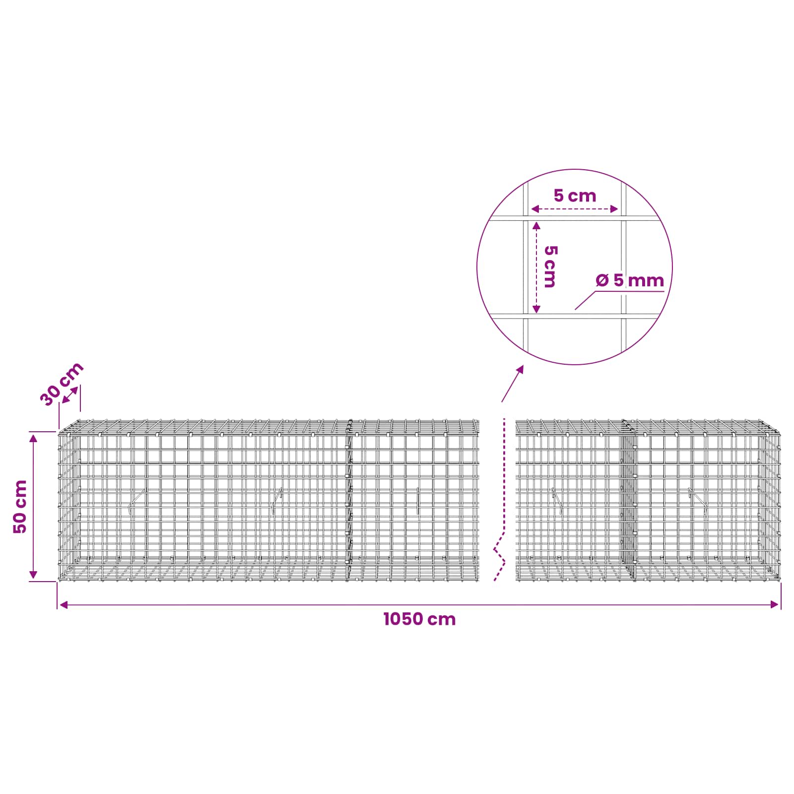 Gabion z žico 5 mm in mrežo 5x5 cm 1050x30x50 cm