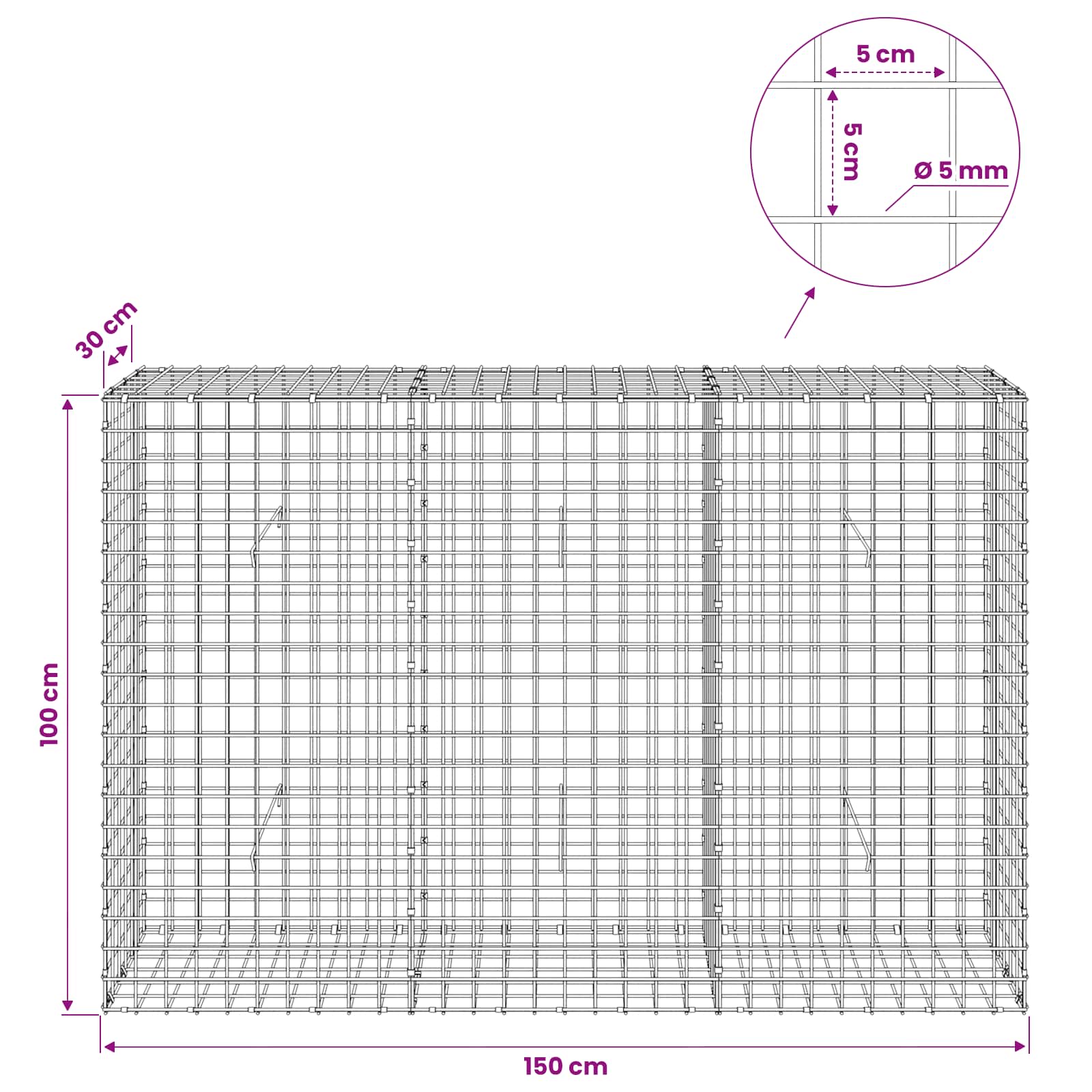 Gabion z žico 5 mm in mrežo 5x5 cm 150x30x100 cm