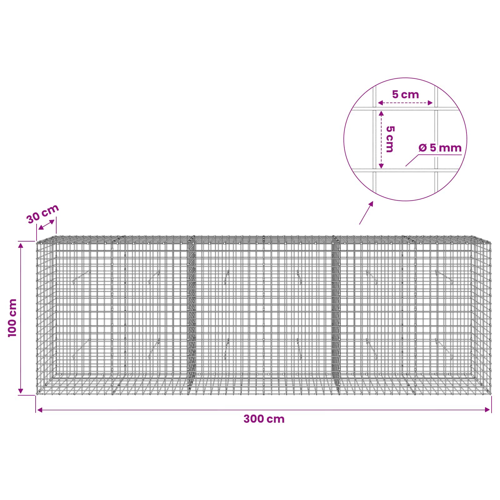 Gabion z žico 5 mm in mrežo 5x5 cm 300x30x100 cm