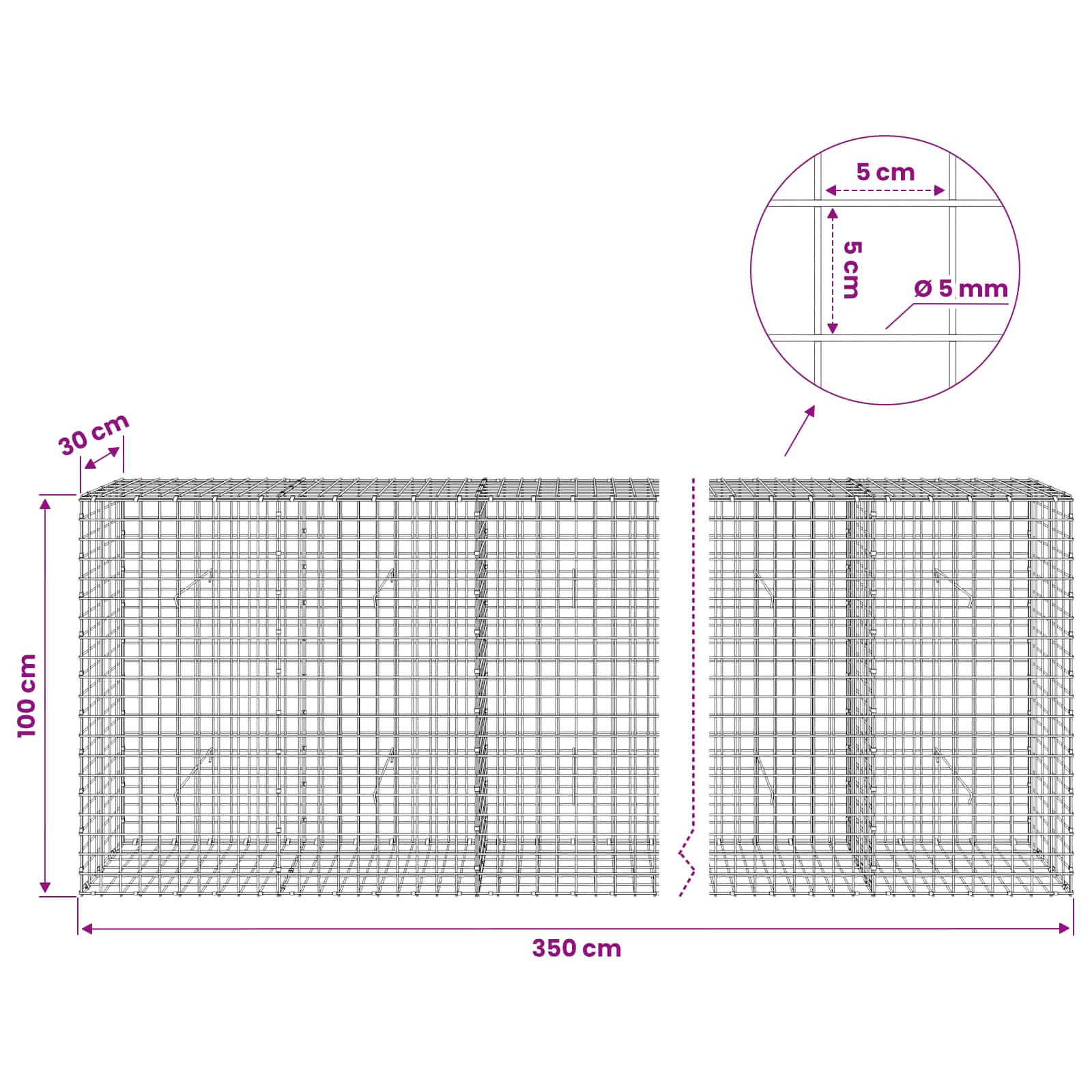 Gabion z žico 5 mm in mrežo 5x5 cm 350x30x100 cm