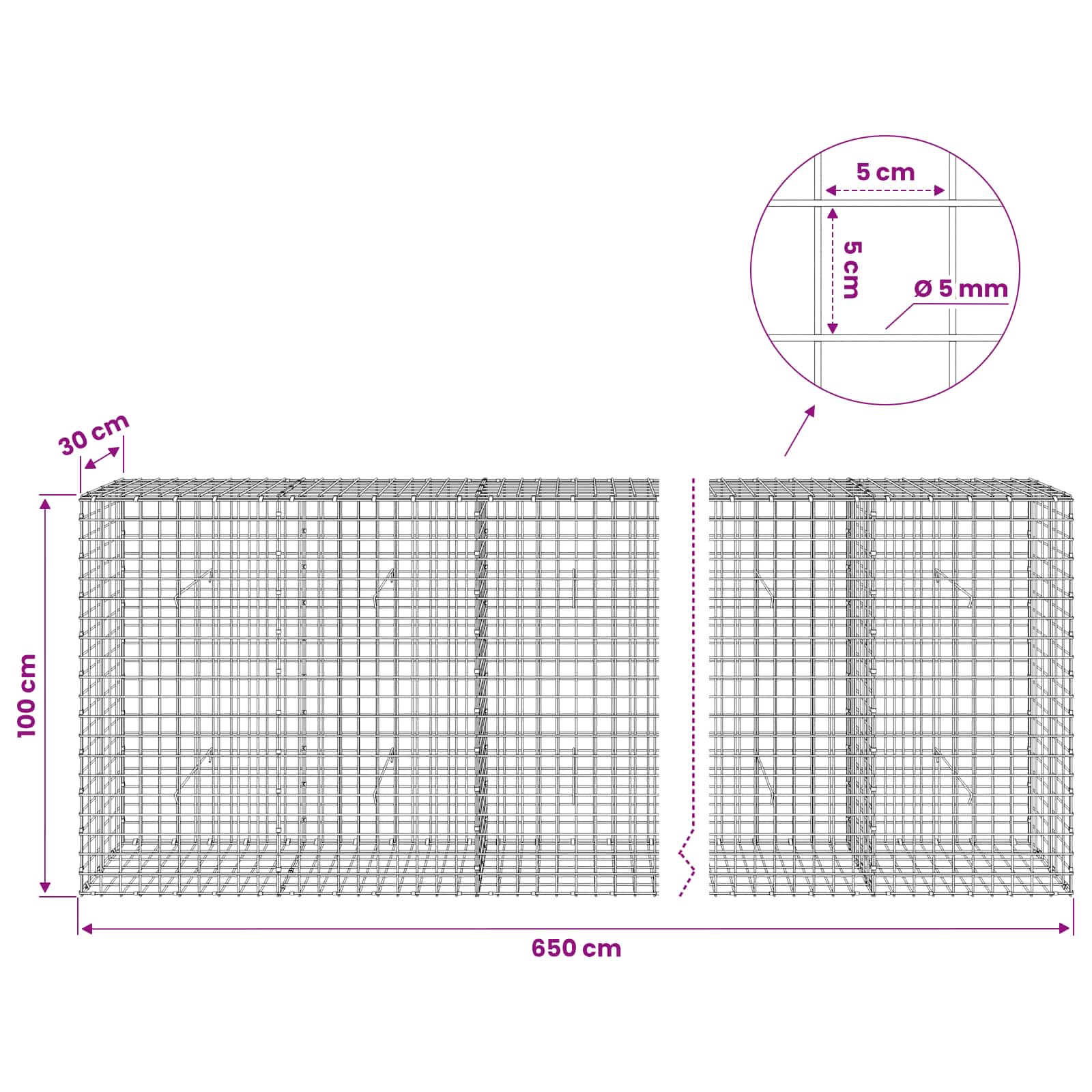 Gabion z žico 5 mm in mrežo 5x5 cm 650x30x100 cm