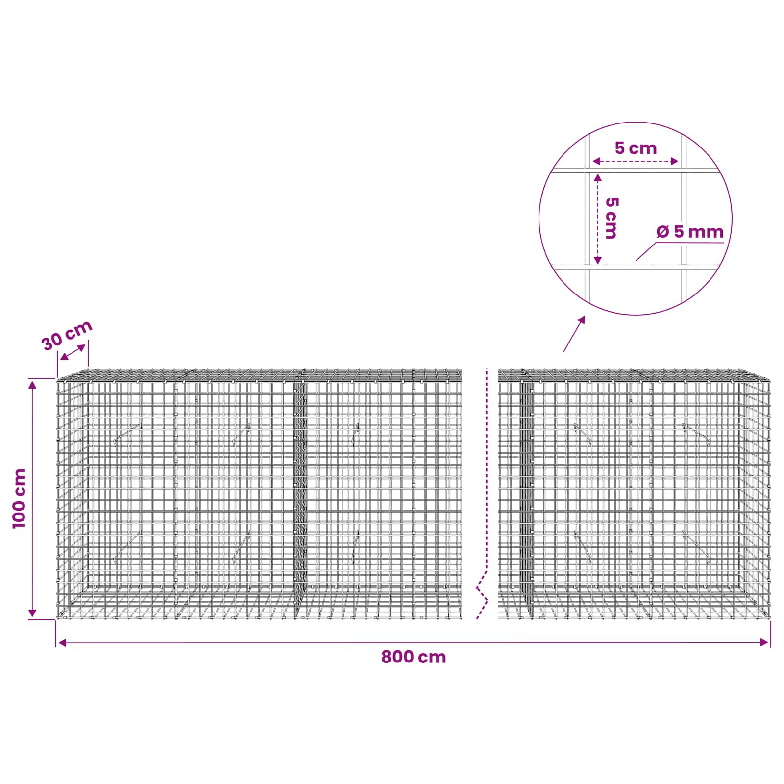Gabion z žico 5 mm in mrežo 5x5 cm 800x30x100 cm