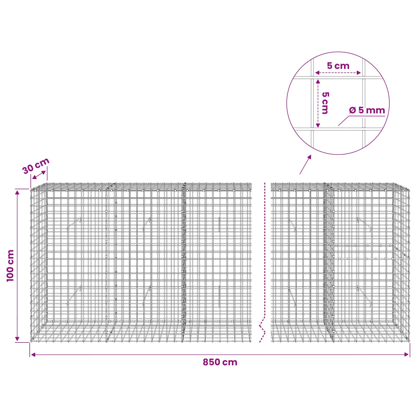 Gabion z žico 5 mm in mrežo 5x5 cm 850x30x100 cm