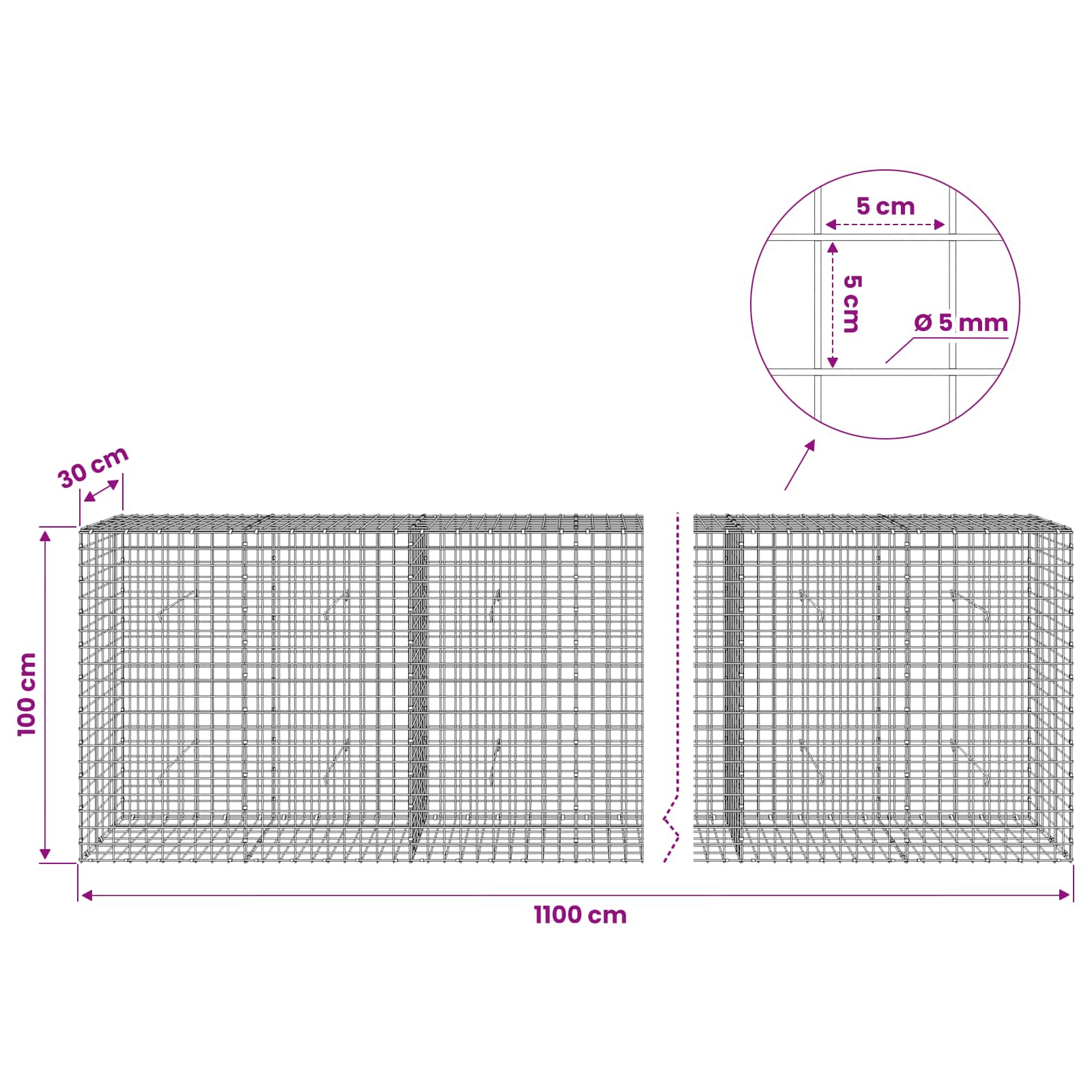 Gabion z žico 5 mm in mrežo 5x5 cm 1100x30x100 cm