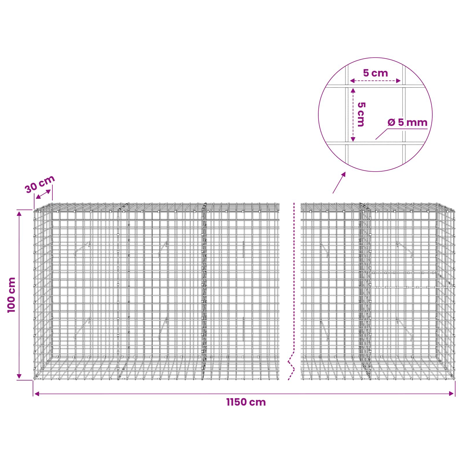 Gabion z žico 5 mm in mrežo 5x5 cm 1150x30x100 cm