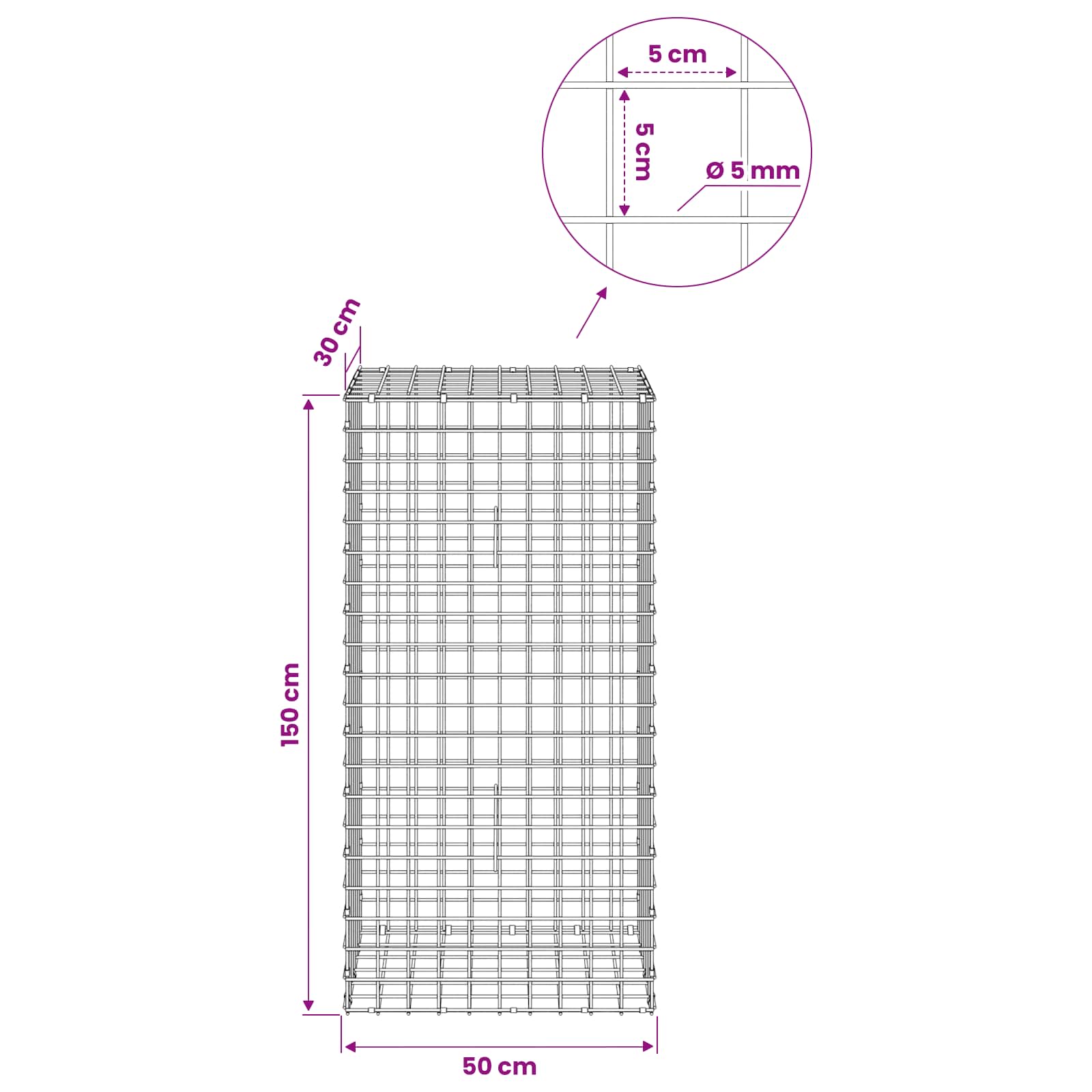 Gabion z žico 5 mm in mrežo 5x5 cm 50x30x150 cm Pocinkano jeklo
