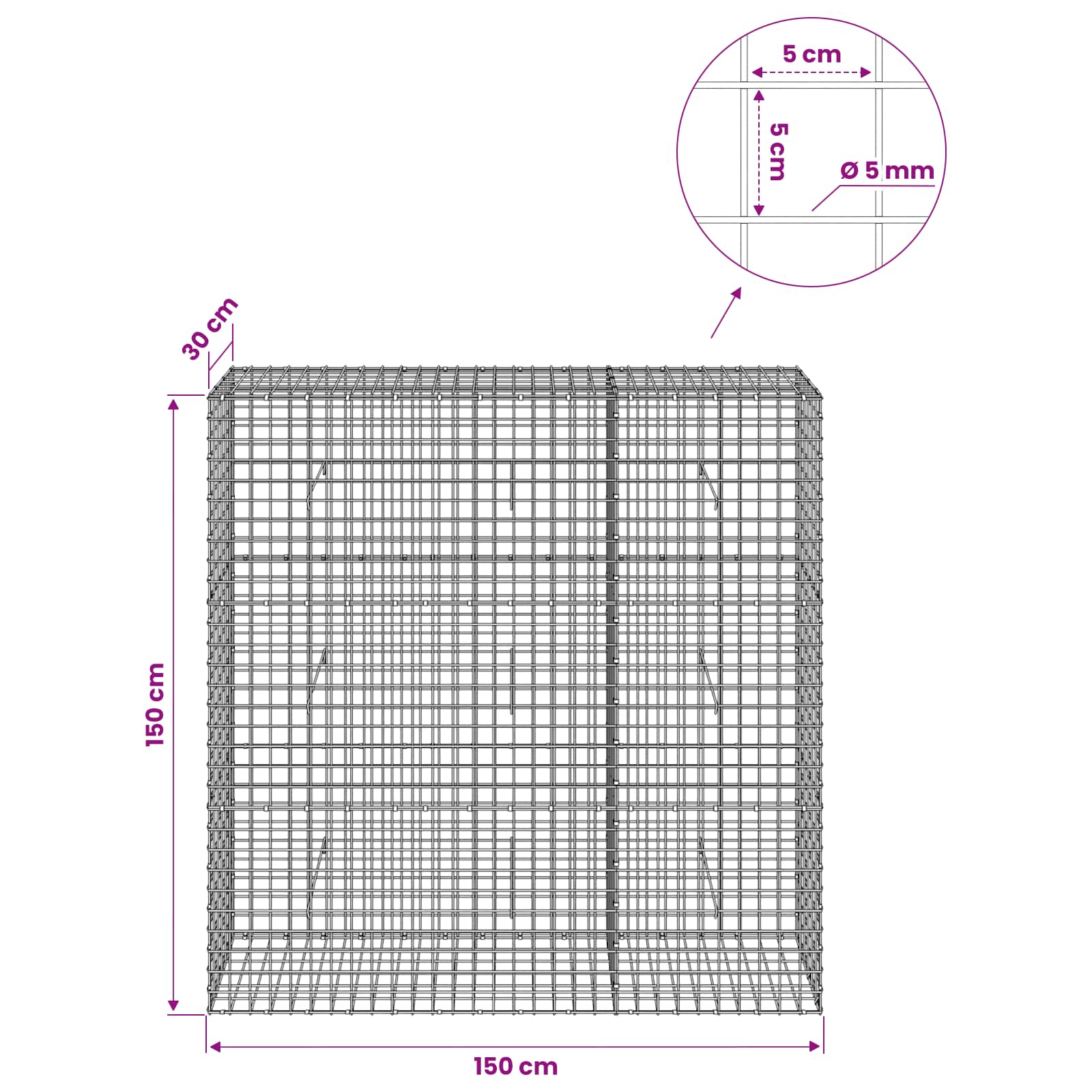 Gabion z žico 5 mm in mrežo 5x5 cm 150x30x150 cm