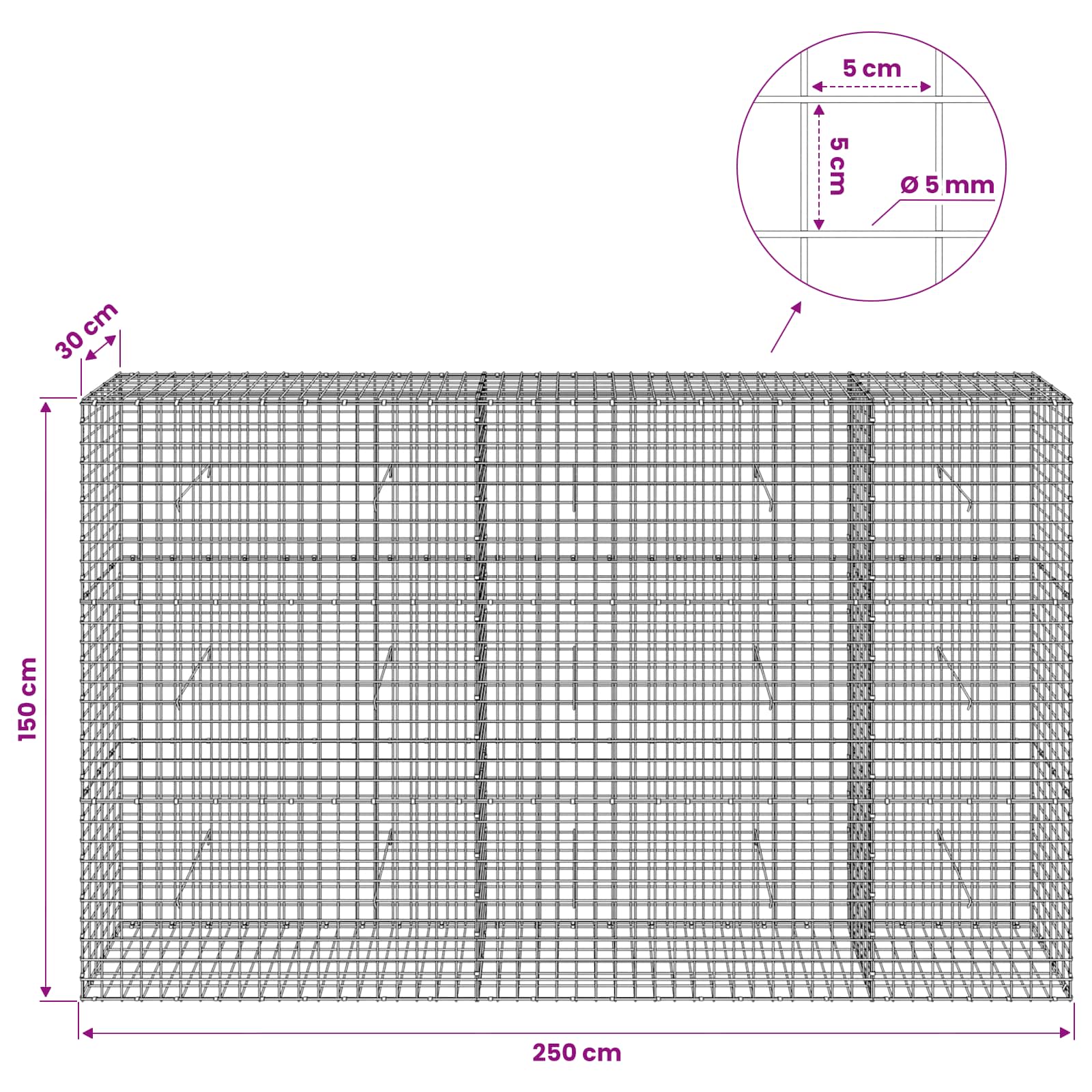 Gabion z žico 5 mm in mrežo 5x5 cm 250x30x150 cm