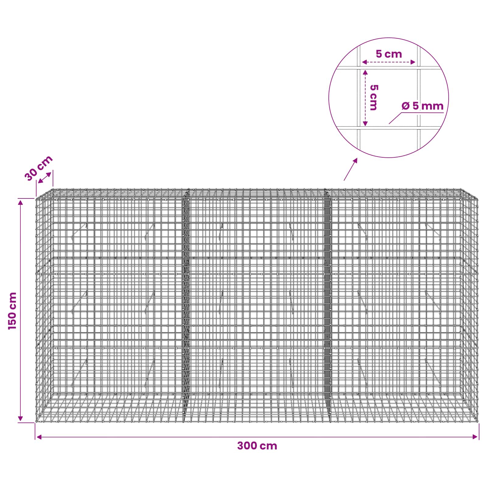 Gabion z žico 5 mm in mrežo 5x5 cm 300x30x150 cm