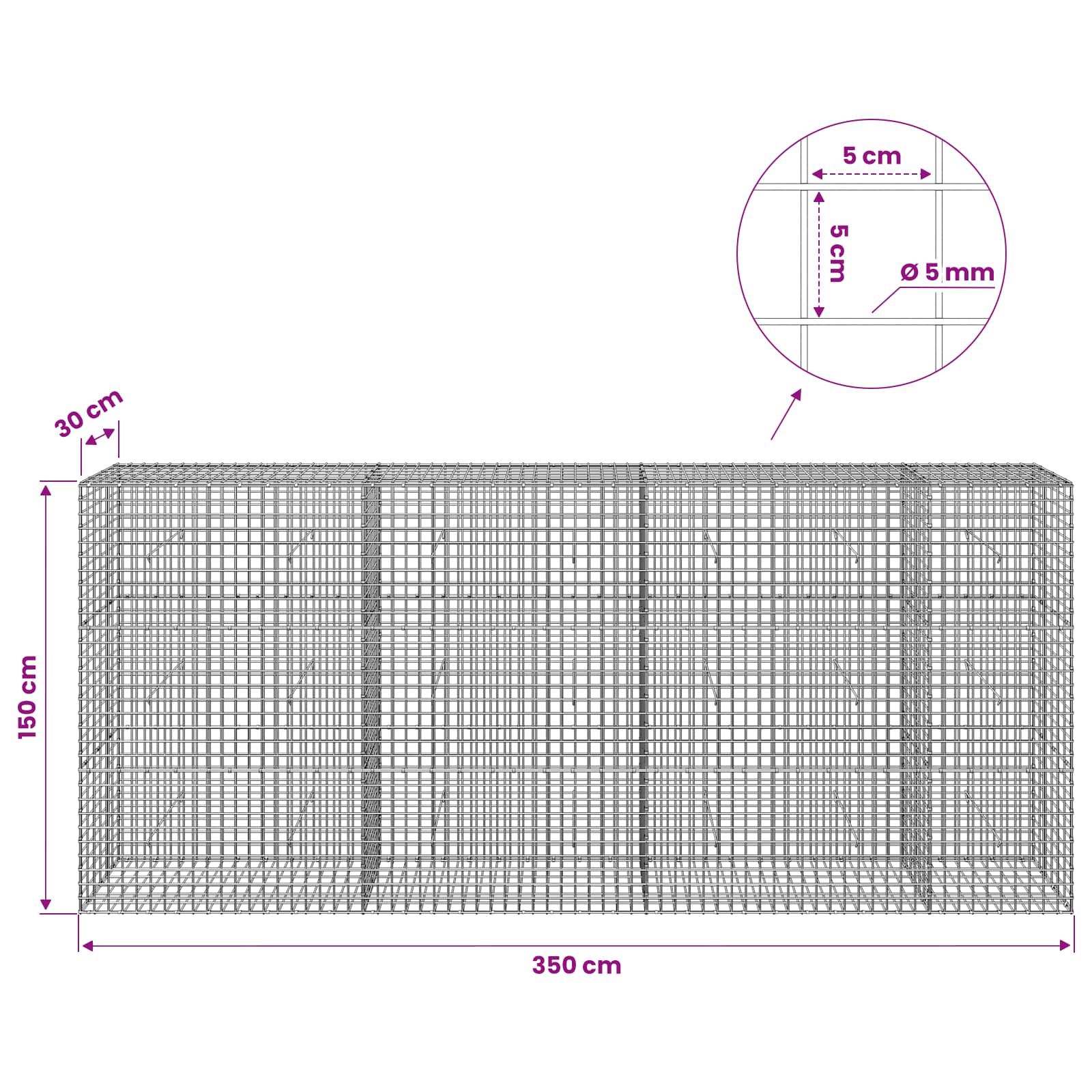 Gabion z žico 5 mm in mrežo 5x5 cm 350x30x150 cm