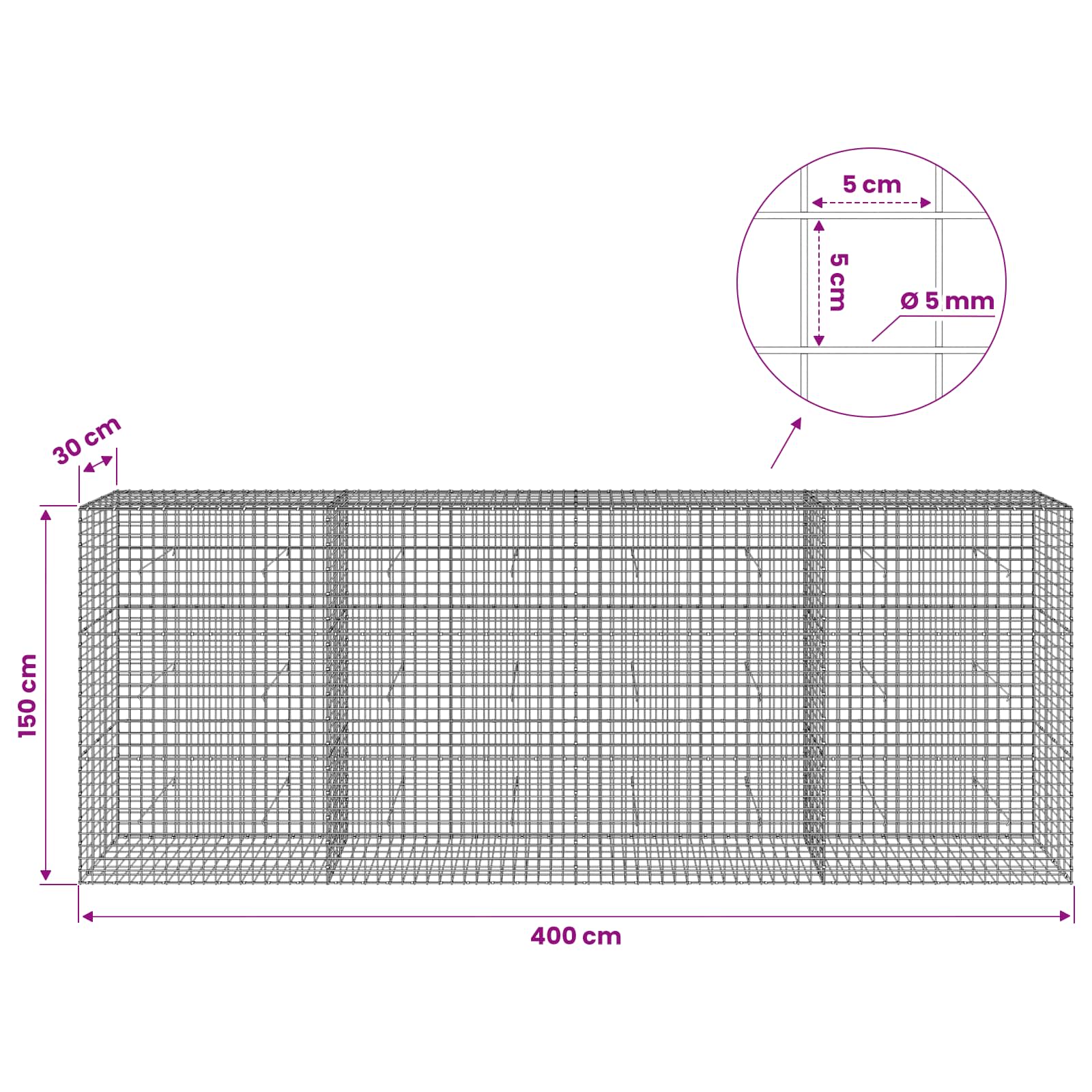 Gabion z žico 5 mm in mrežo 5x5 cm 400x30x150 cm