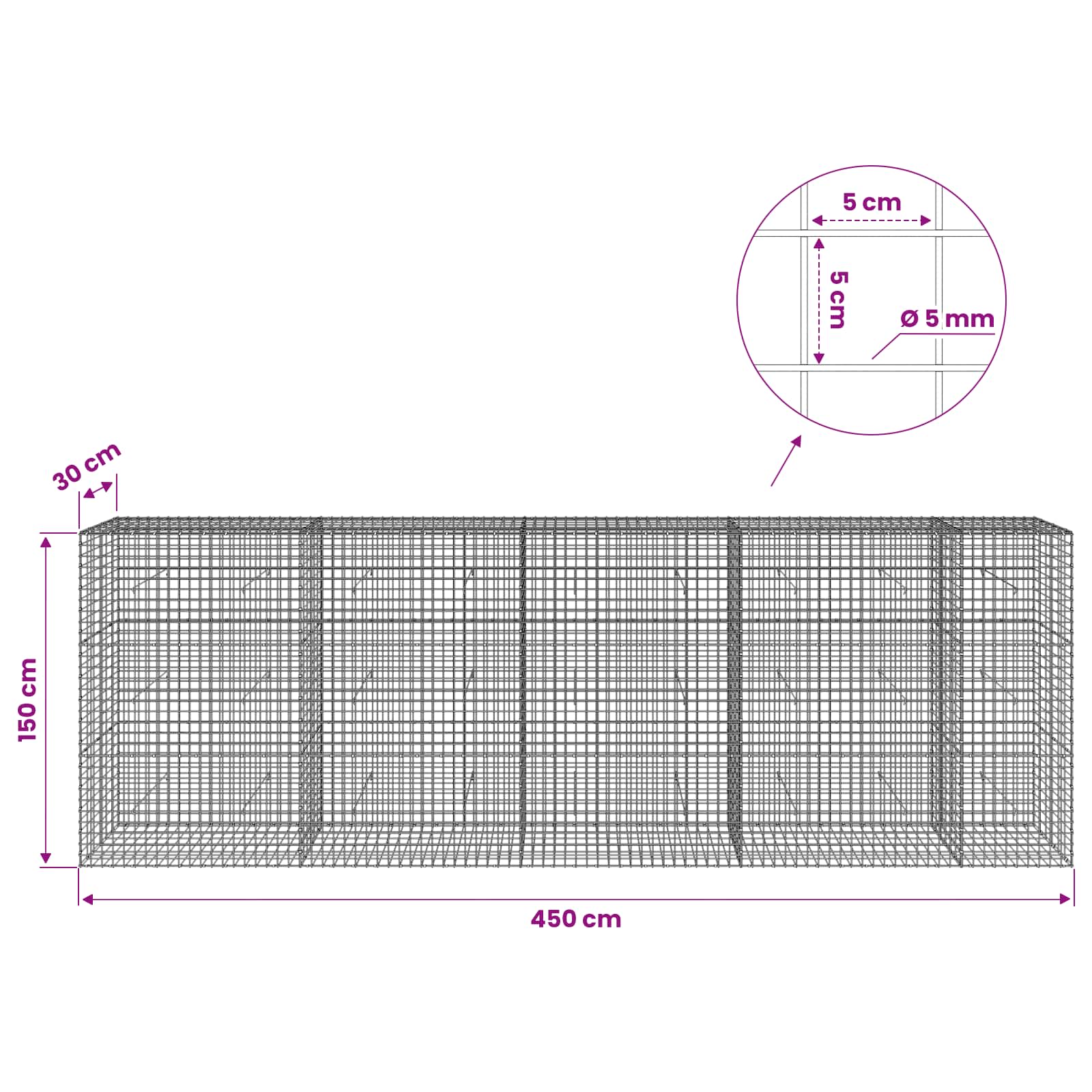 Gabion z žico 5 mm in mrežo 5x5 cm 450x30x150 cm