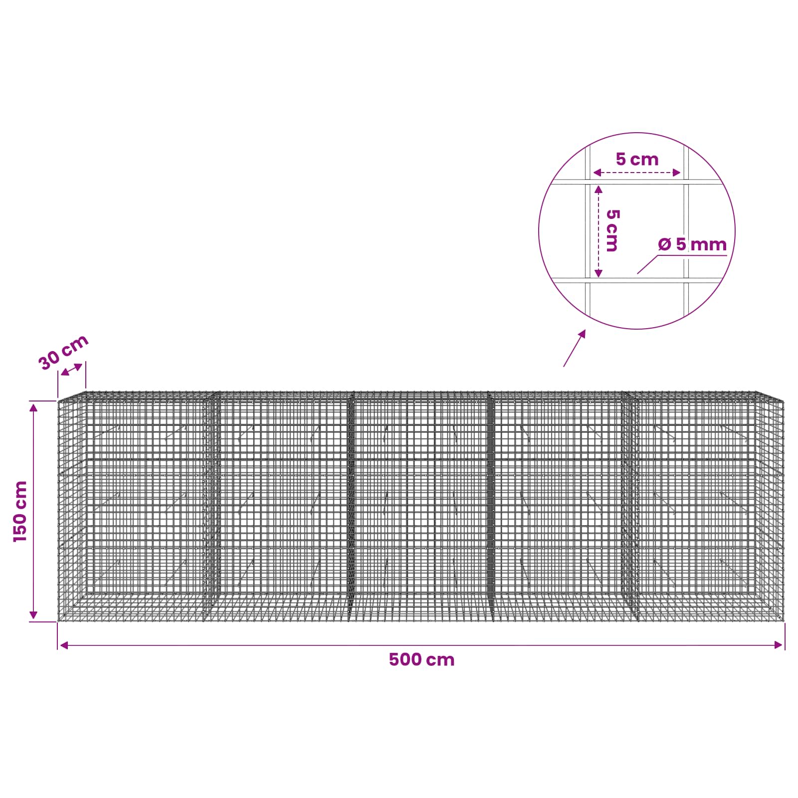 Gabion z žico 5 mm in mrežo 5x5 cm 500x30x150 cm