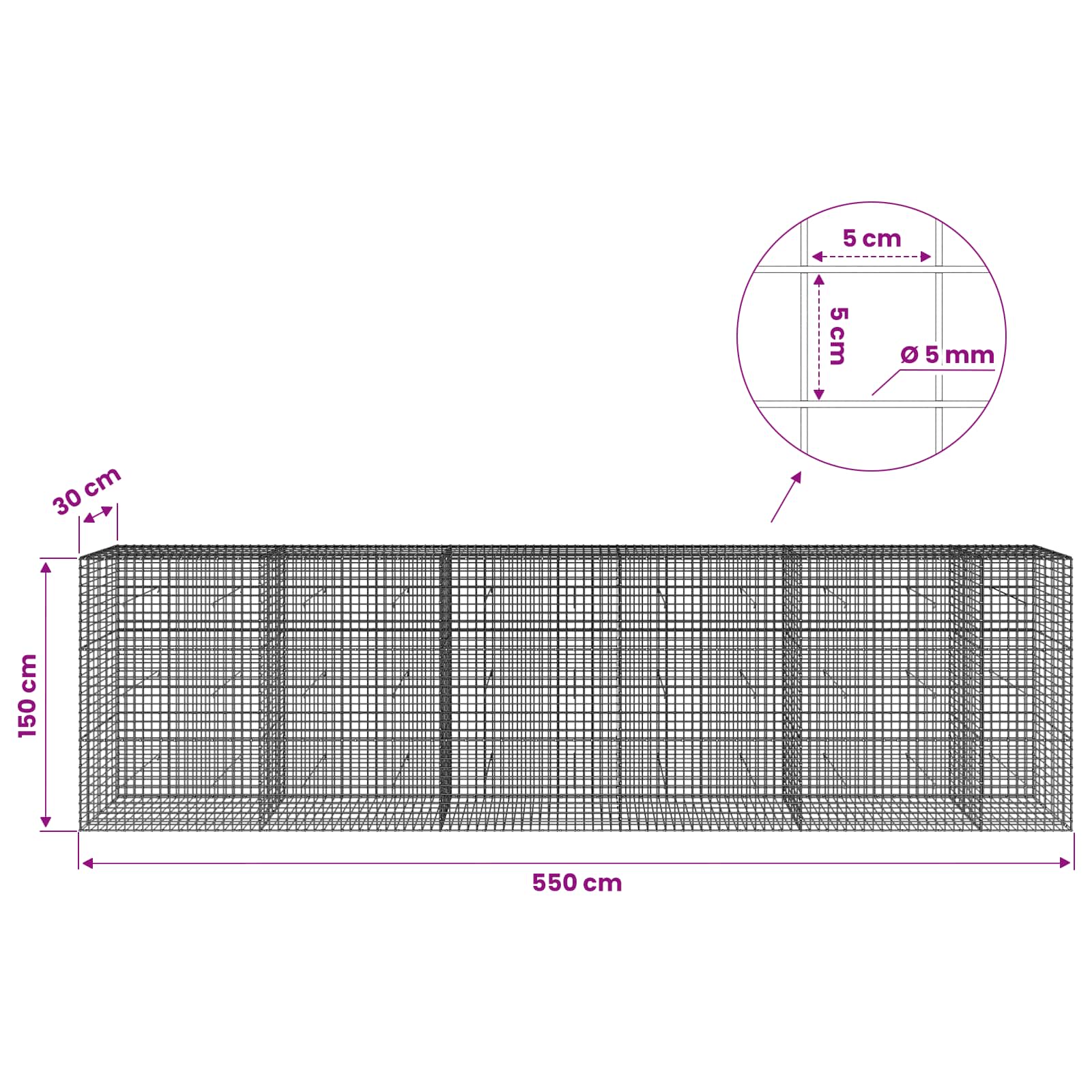 Gabion z žico 5 mm in mrežo 5x5 cm 550x30x150 cm
