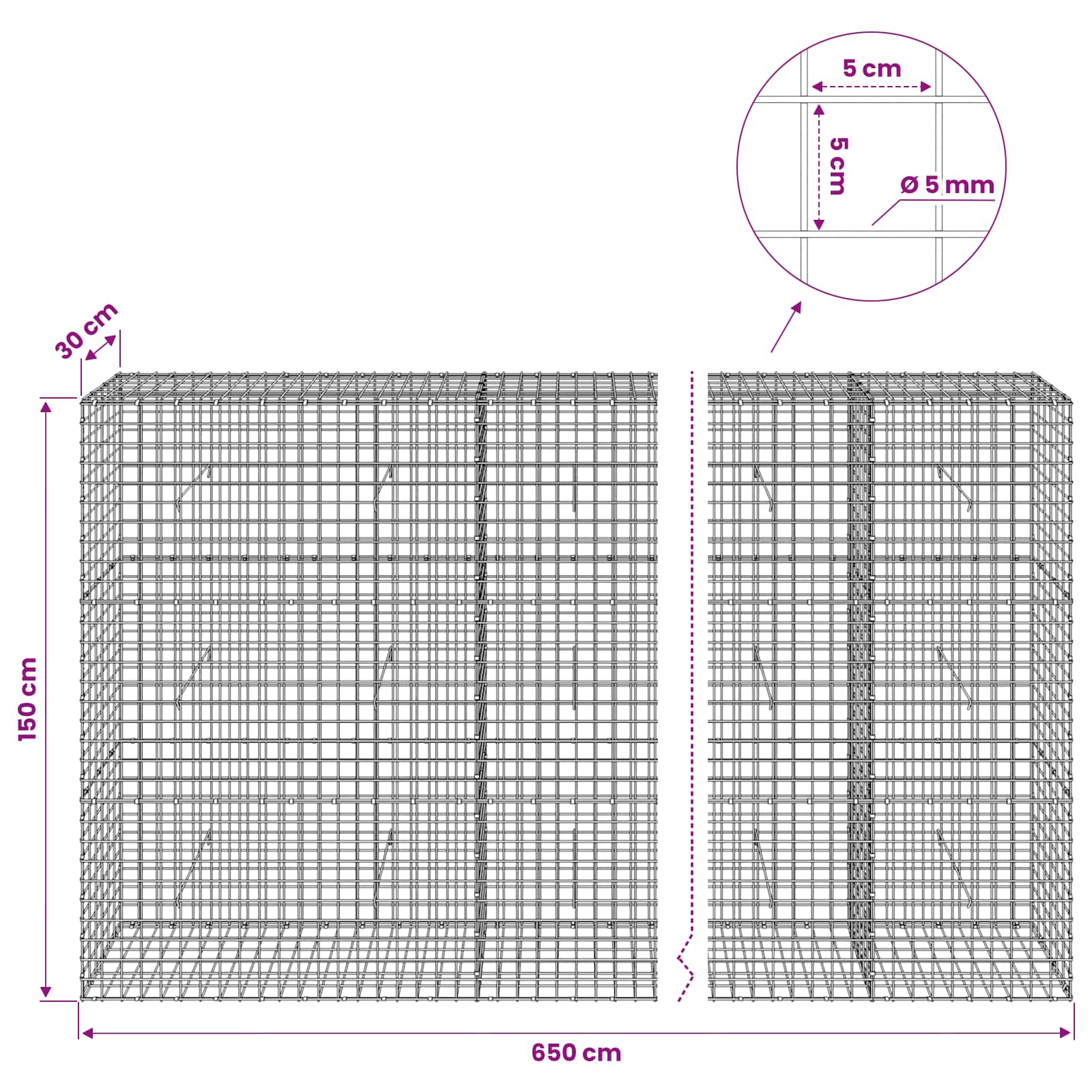 Gabion z žico 5 mm in mrežo 5x5 cm 650x30x150 cm