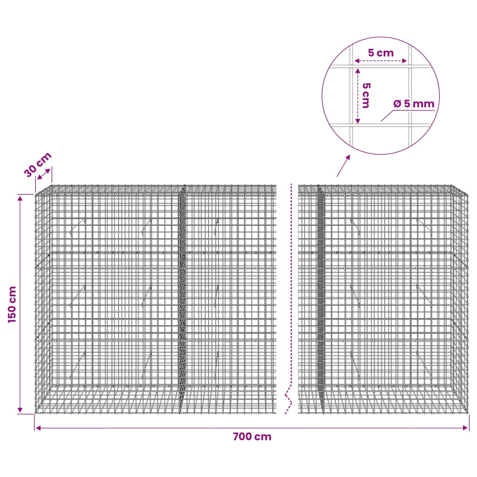 Gabion z žico 5 mm in mrežo 5x5 cm 700x30x150 cm