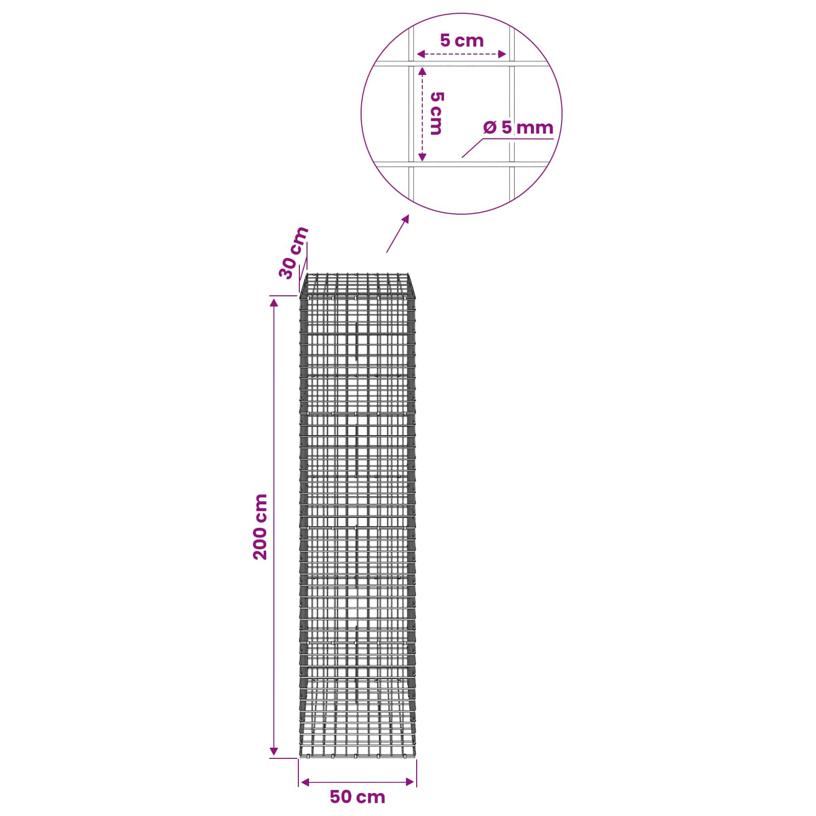 Gabion z žico 5 mm in mrežo 5x5 cm 50x30x200 cm Pocinkano jeklo