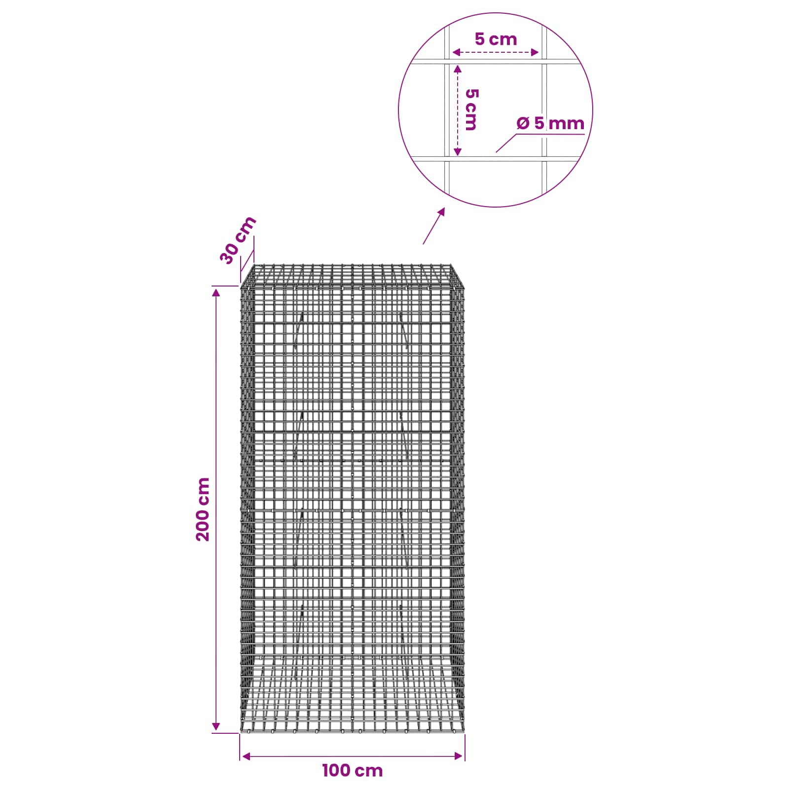 Gabion z žico 5 mm in mrežo 5x5 cm 100x30x200 cm