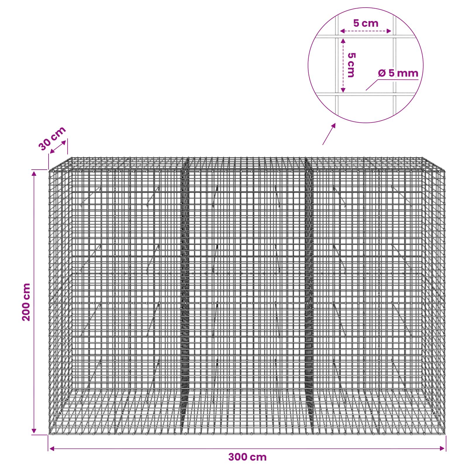 Gabion z žico 5 mm in mrežo 5x5 cm 300x30x200 cm