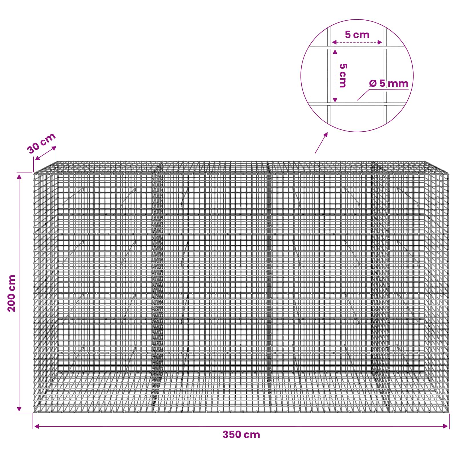 Gabion z žico 5 mm in mrežo 5x5 cm 350x30x200 cm
