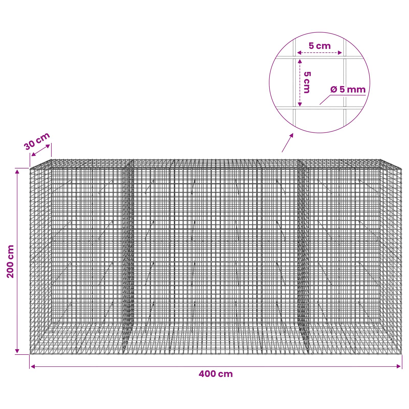 Gabion z žico 5 mm in mrežo 5x5 cm 400x30x200 cm
