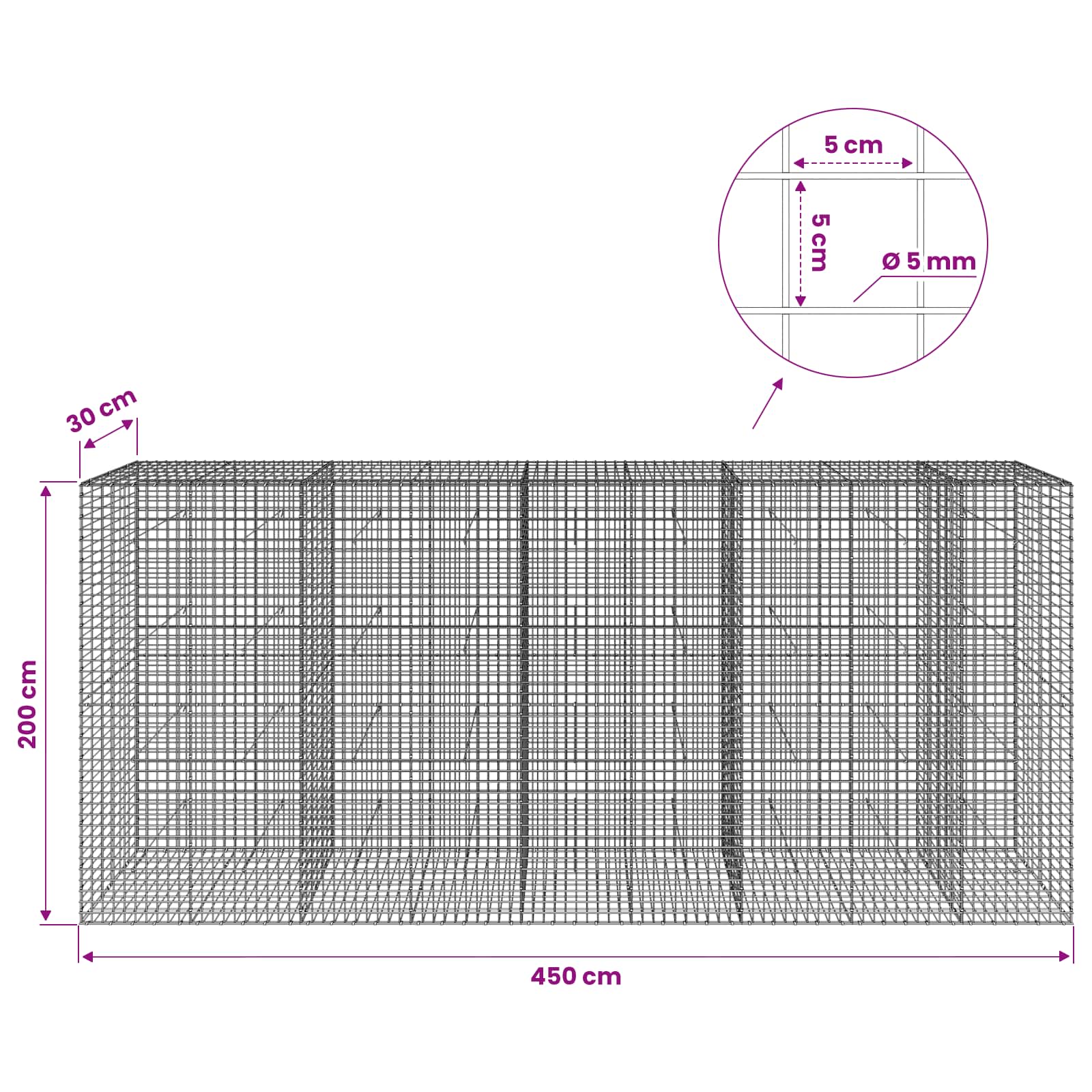 Gabion z žico 5 mm in mrežo 5x5 cm 450x30x200 cm