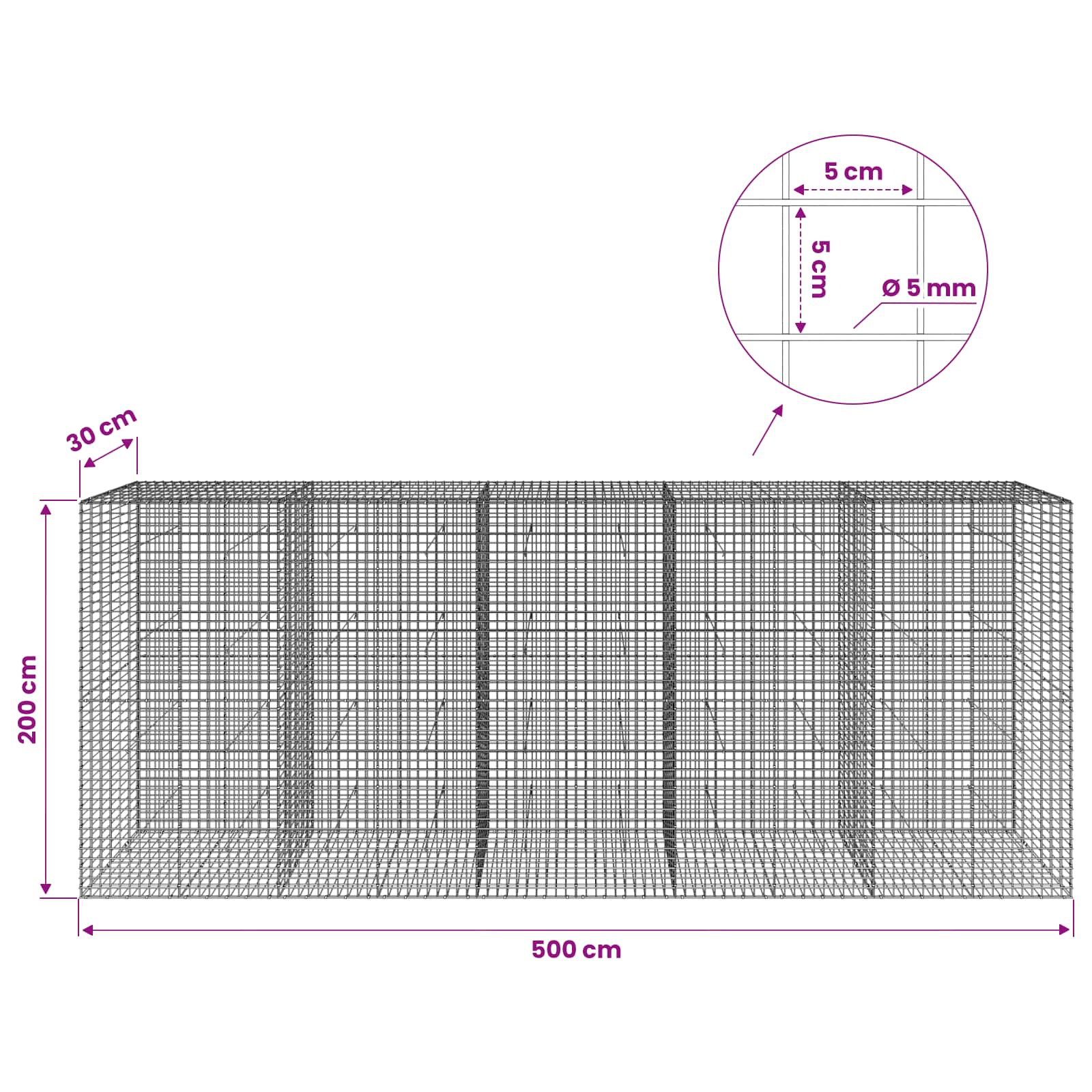 Gabion z žico 5 mm in mrežo 5x5 cm 500x30x200 cm