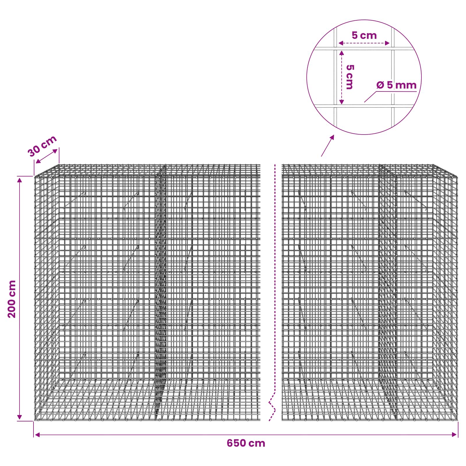 Gabion z žico 5 mm in mrežo 5x5 cm 650x30x200 cm