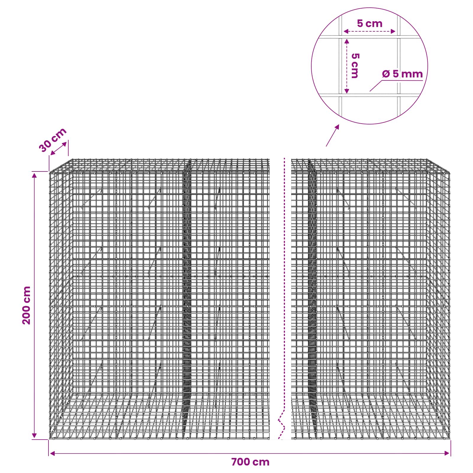 Gabion z žico 5 mm in mrežo 5x5 cm 700x30x200 cm